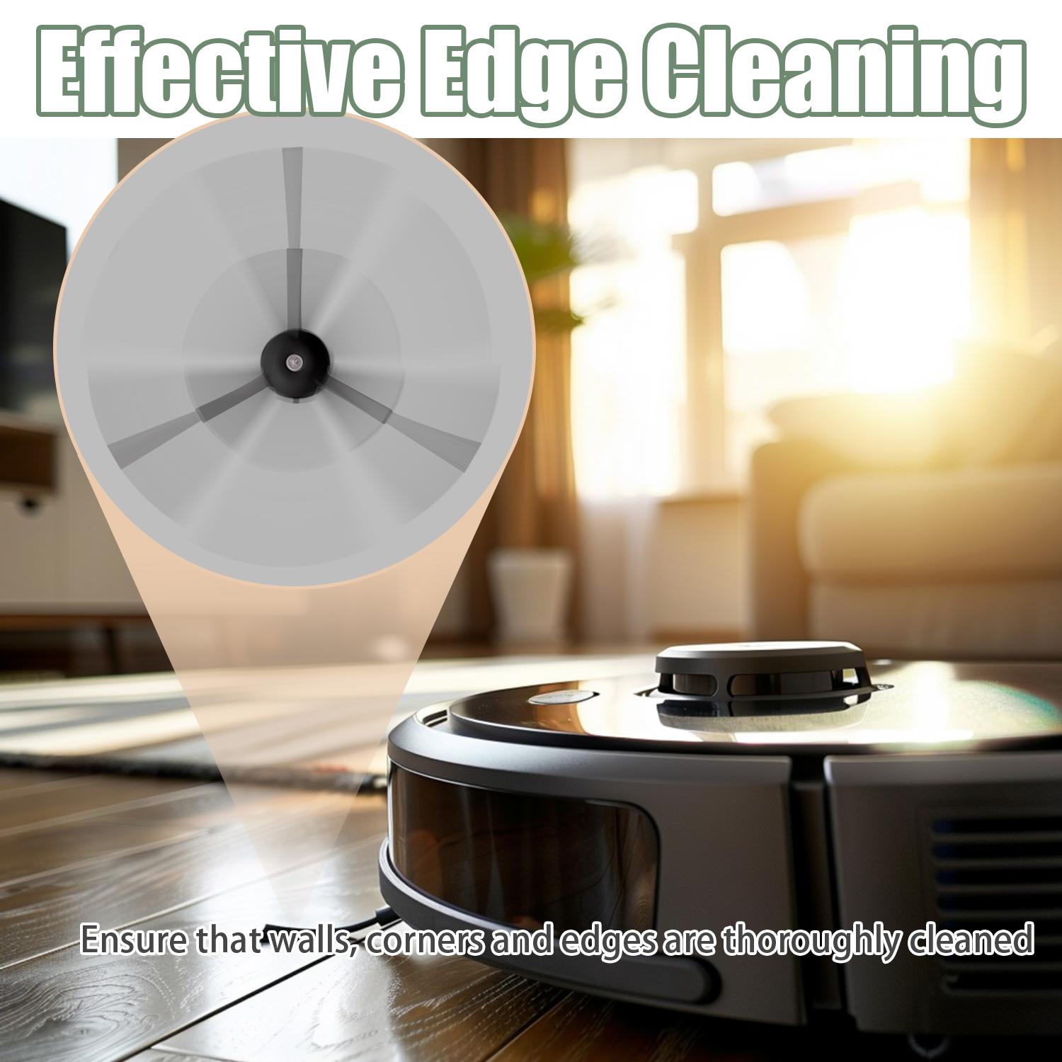 Robot odkurzający na podłodze z twardego drewna, z wstawioną grafiką pokazującą działanie czyszczące.