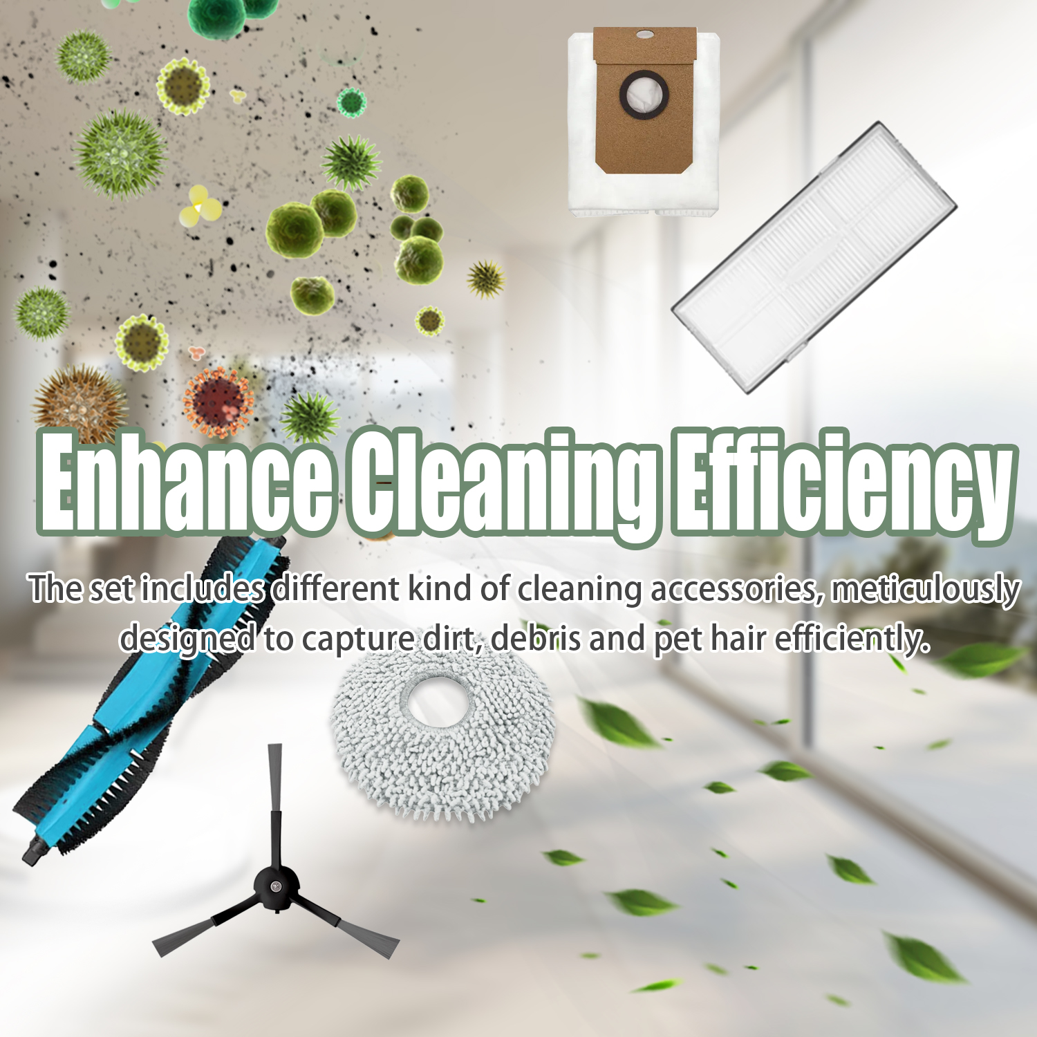 Akcesoria do czyszczenia: szczotka, mop, filtr i worek na kurz, z tekstem 'Enhance Cleaning Efficiency'. Białe tło.