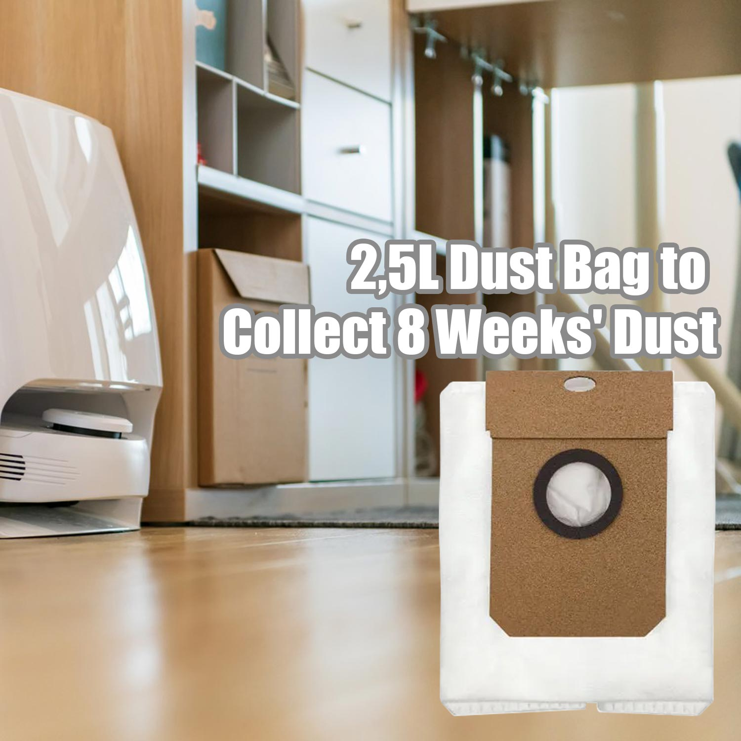 Worek na kurz do odkurzacza. Brązowy z czarnym kołem, na białym tle.