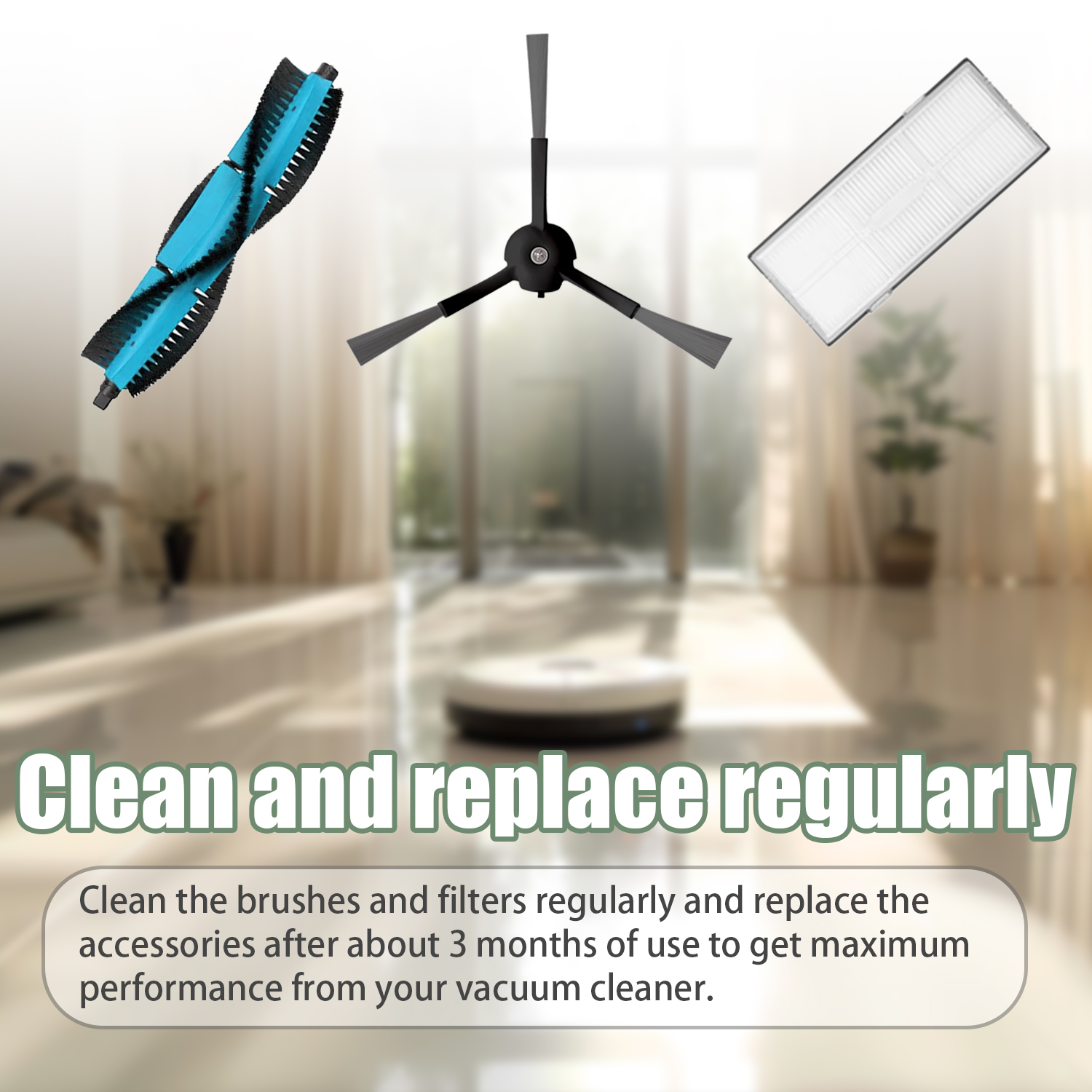 Akcesoria do robota sprzątającego: szczotki, filtr i szczotka obrotowa, na jasnym tle.