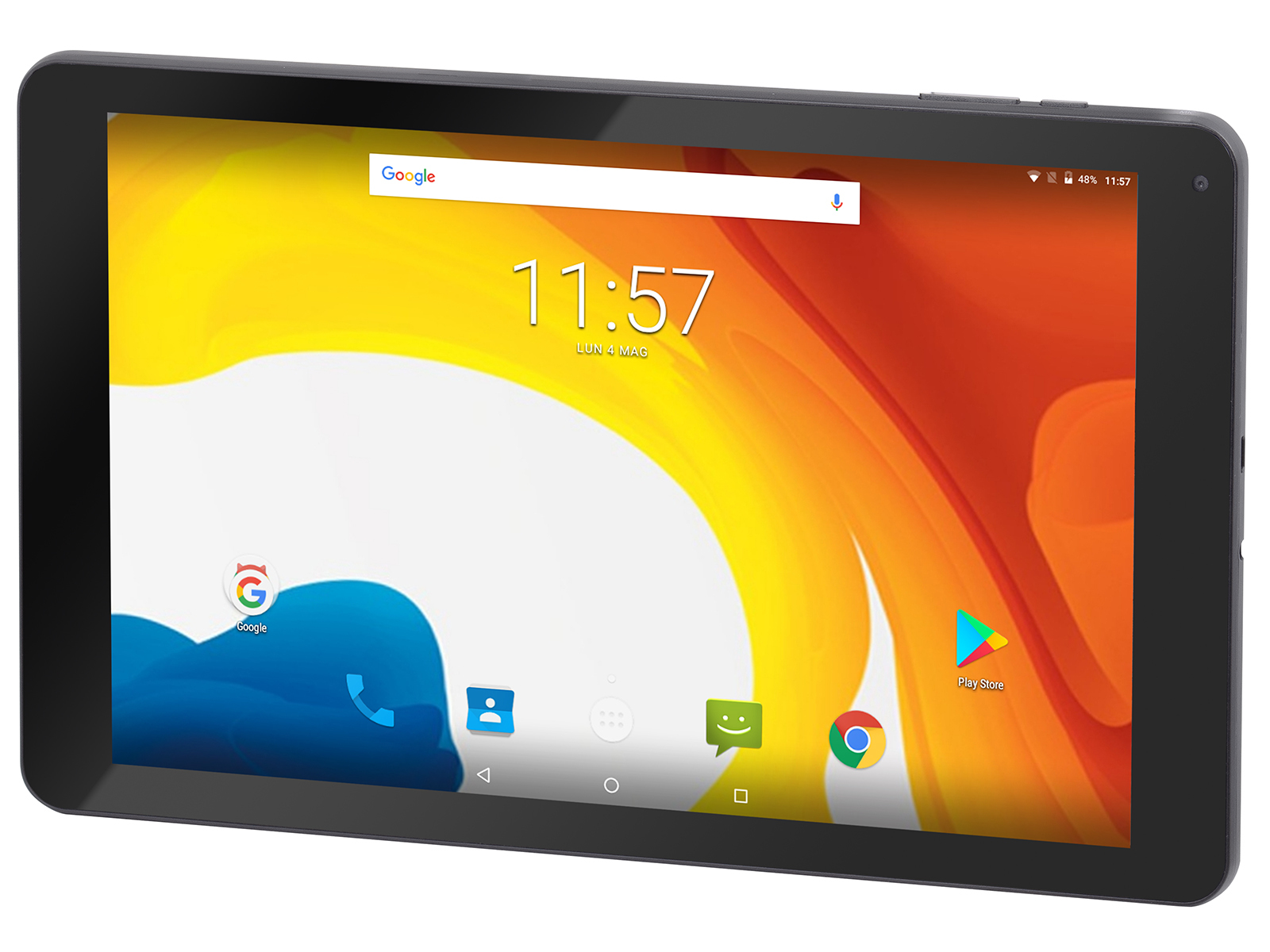 Un tablet nero che mostra uno sfondo colorato con icone di orari e app.