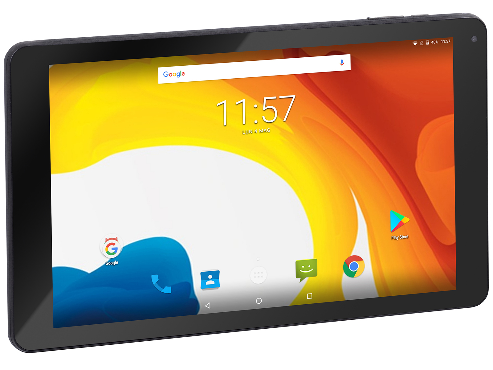 Tablet nero con schermo colorato che mostra ora e icone. Sfondo bianco.