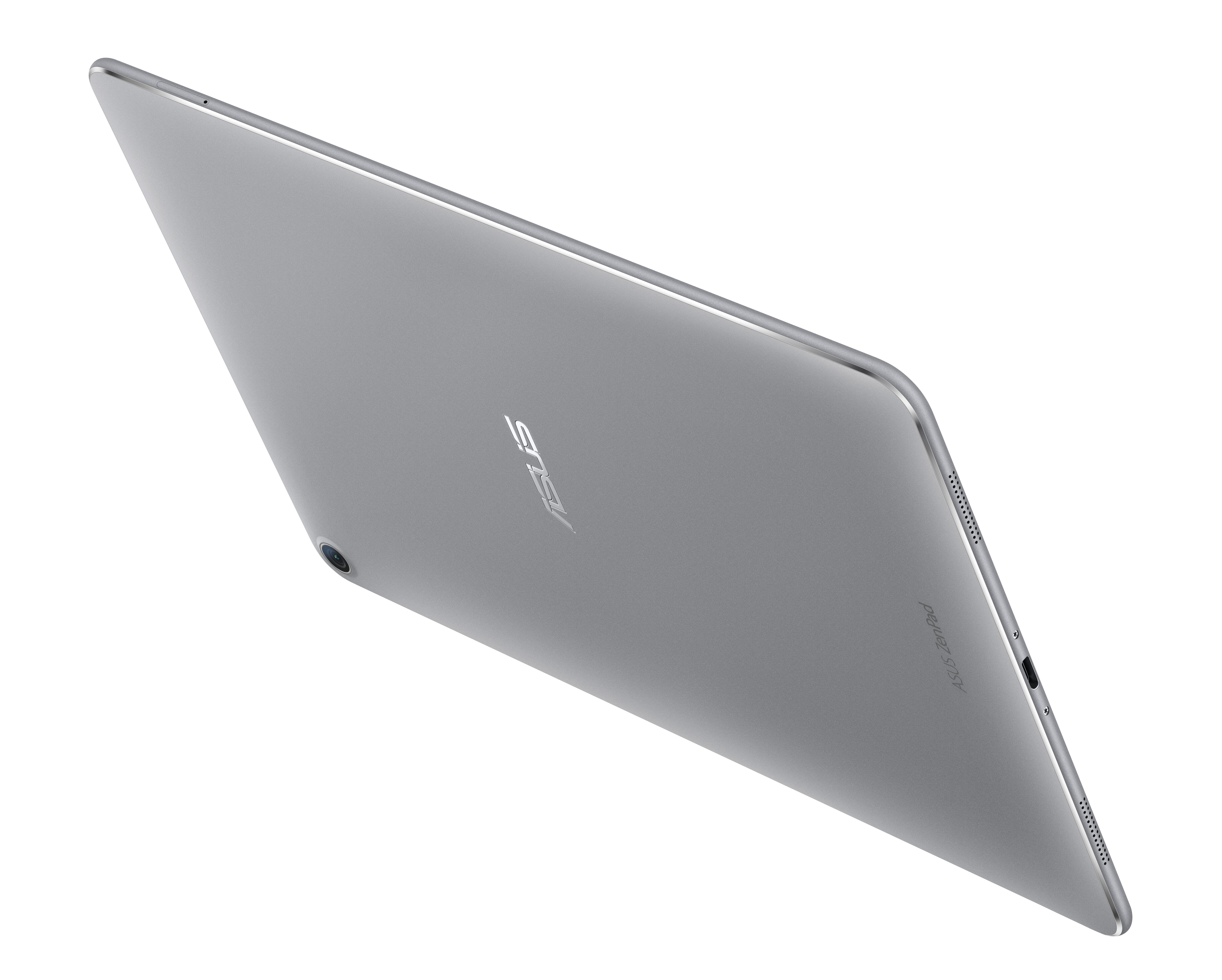 Silbernes Tablet, Rückseite angewinkelt, zeigt das ASUS-Logo und die Kamera. Weißer Hintergrund.