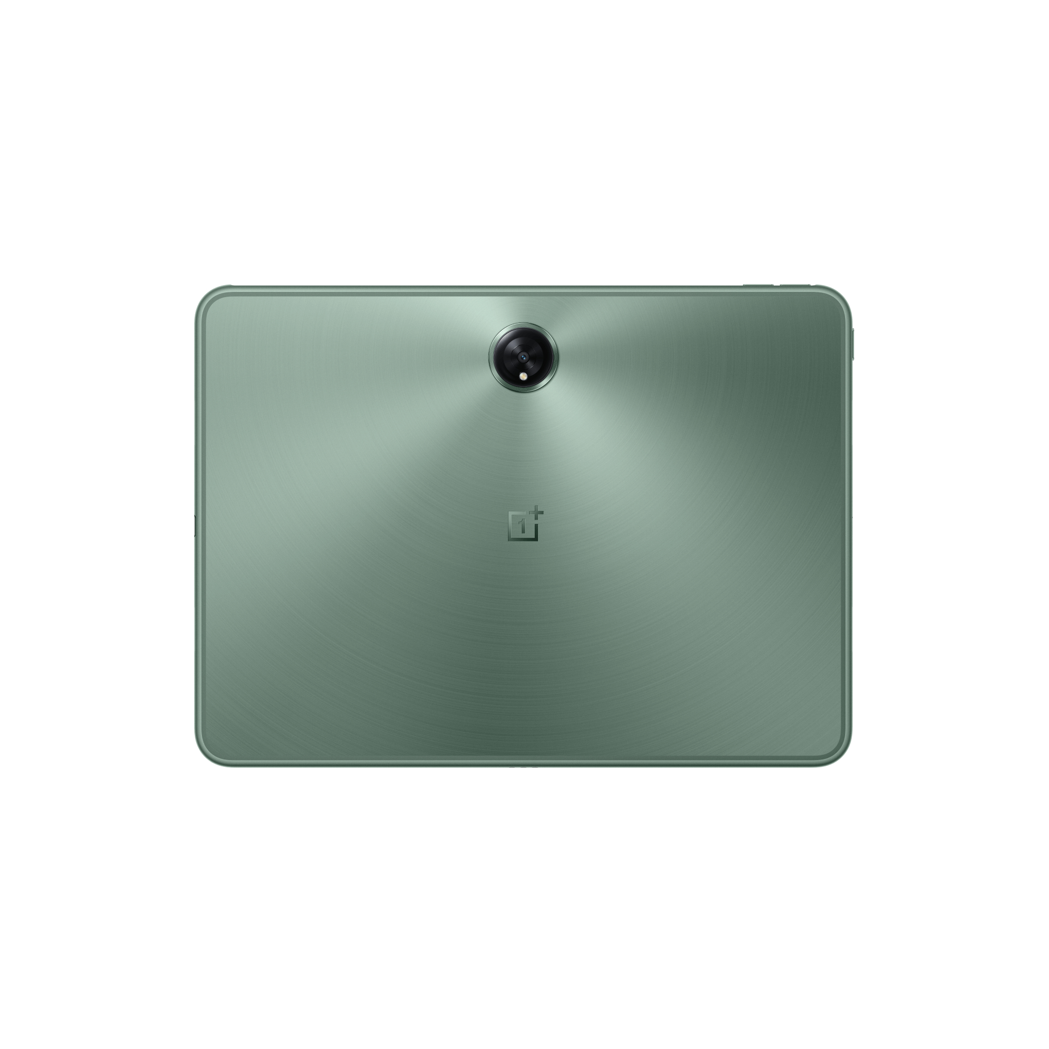 Vista posteriore di un tablet verde. Ha una fotocamera circolare e un logo quadrato su sfondo bianco.