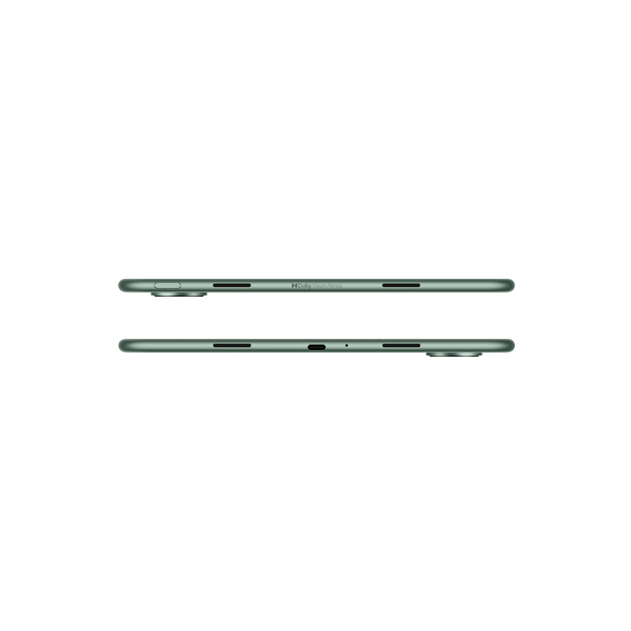 Due viste laterali di un tablet verde. I pulsanti di accensione e volume sono visibili.