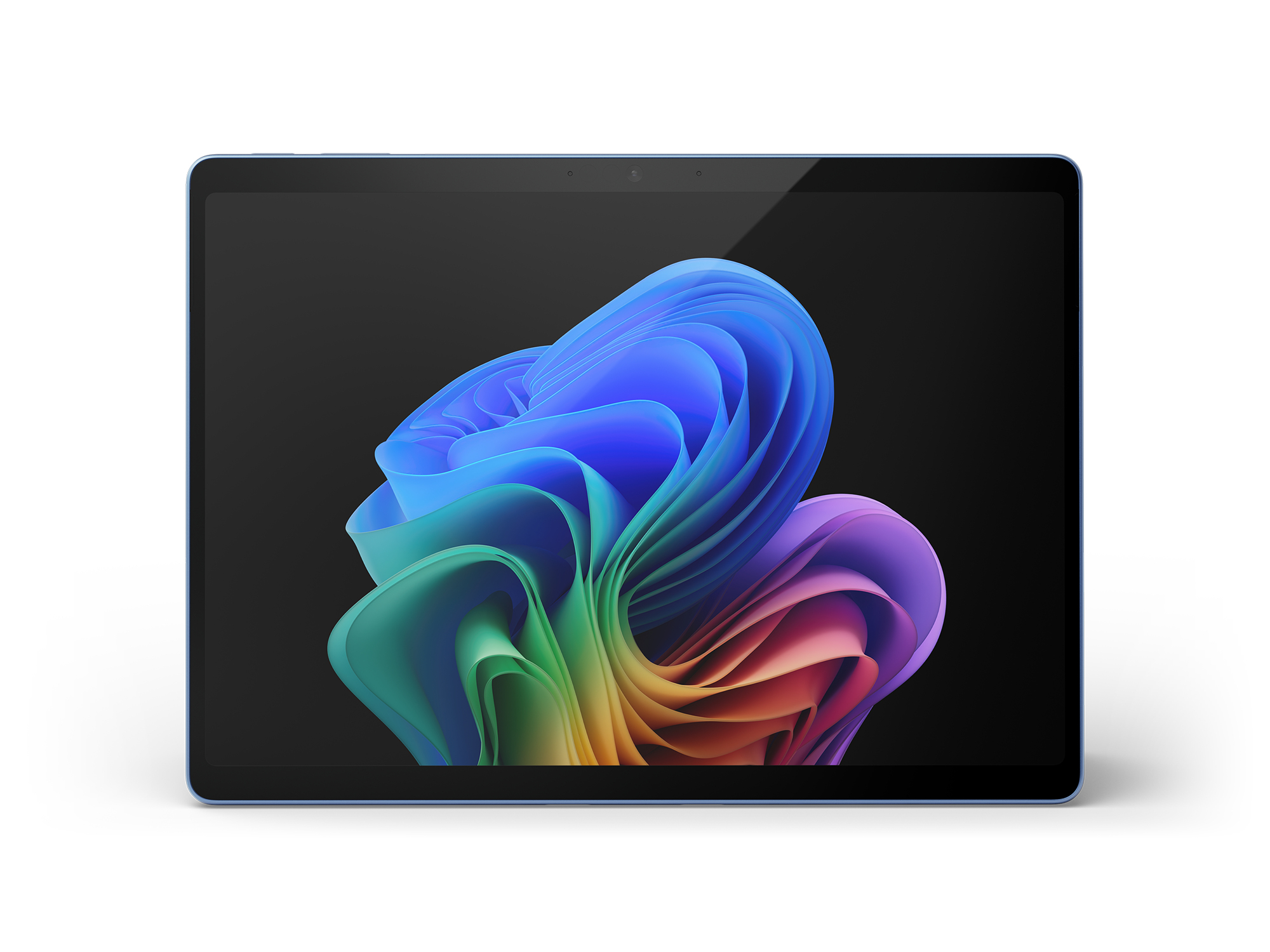 Niebieski tablet z kolorowym abstrakcyjnym obrazem na ekranie na czarnym tle.