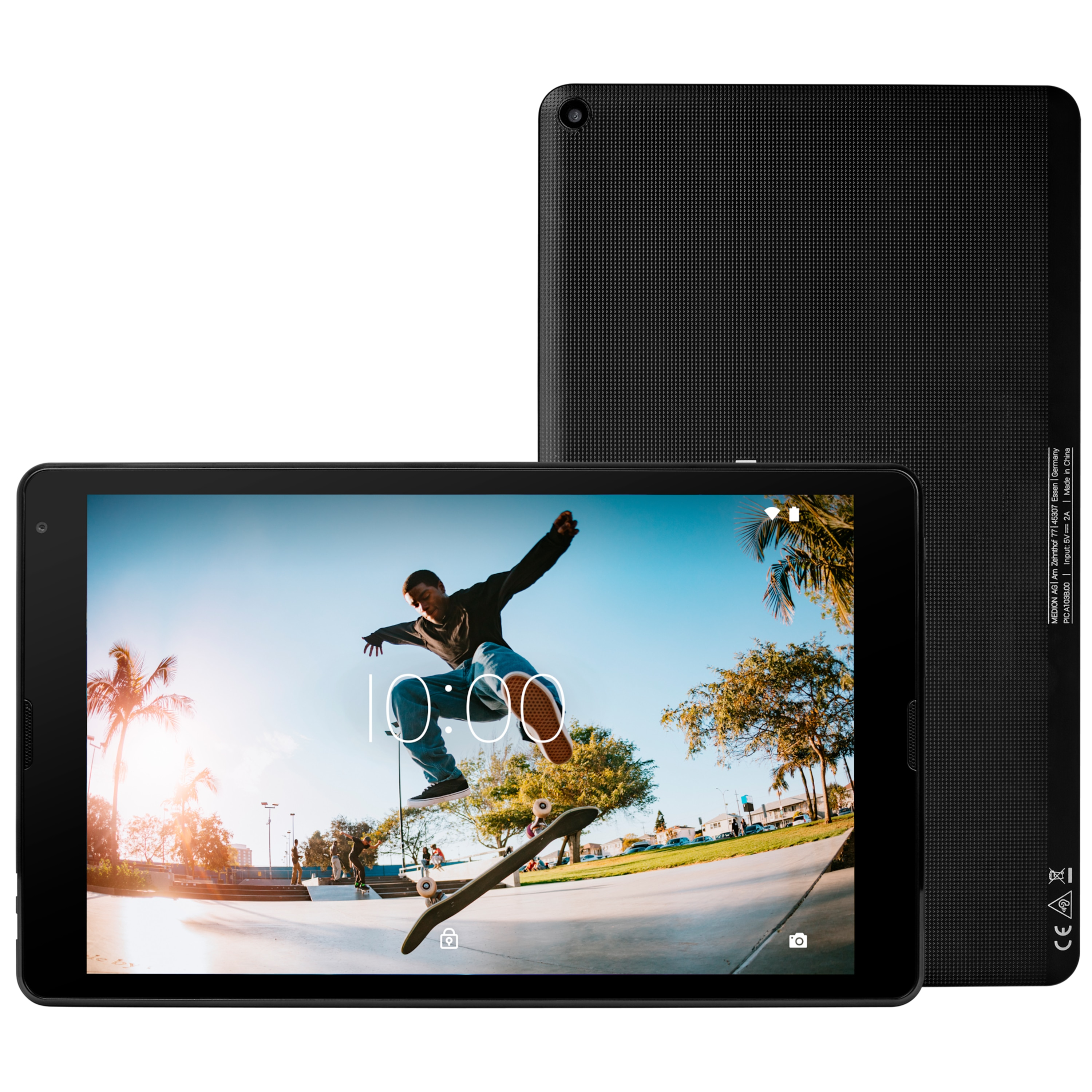 Schwarzes Tablet mit Skater auf dem Bildschirm. Zweites Tablet dahinter. Auf weißem Hintergrund.