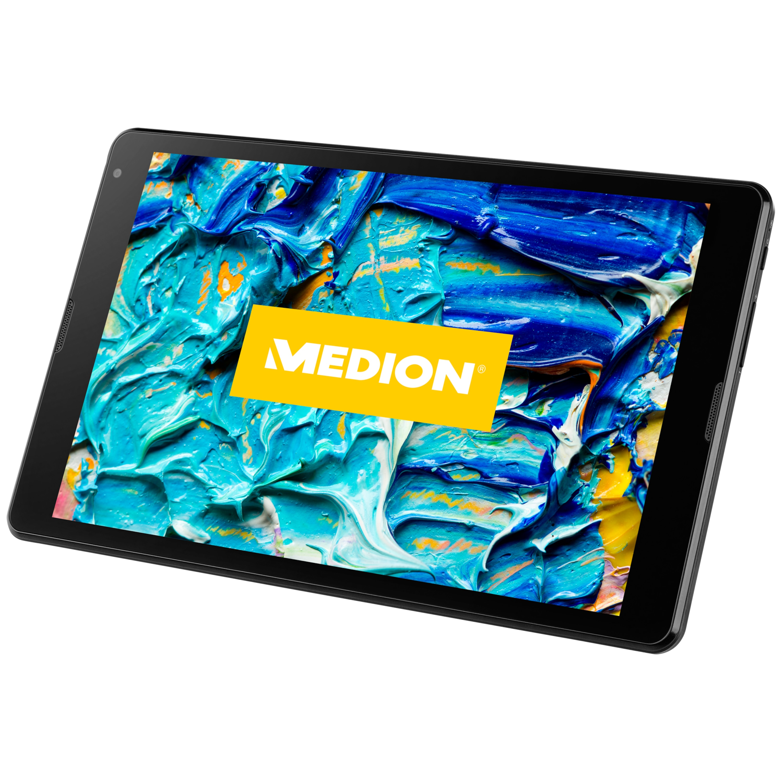 Schwarzes Tablet zeigt ein abstraktes, farbenfrohes Gemälde mit dem Medion-Logo in Gelb.