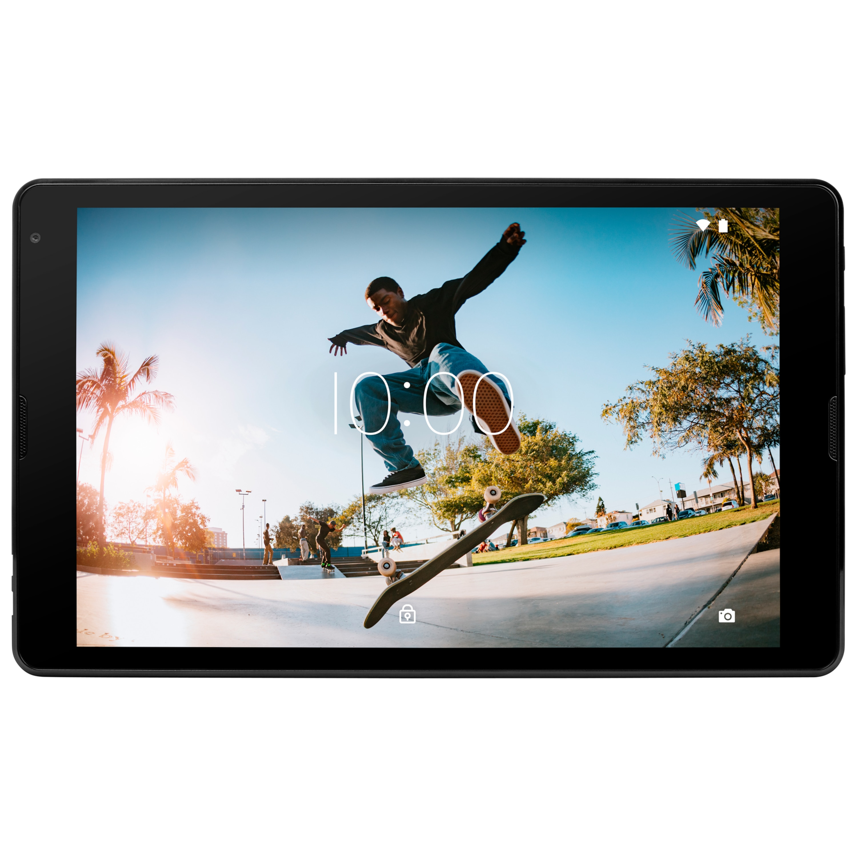Tablet zeigt Mann beim Skateboardfahren. Mann in der Luft. Heller, sonniger Hintergrund.