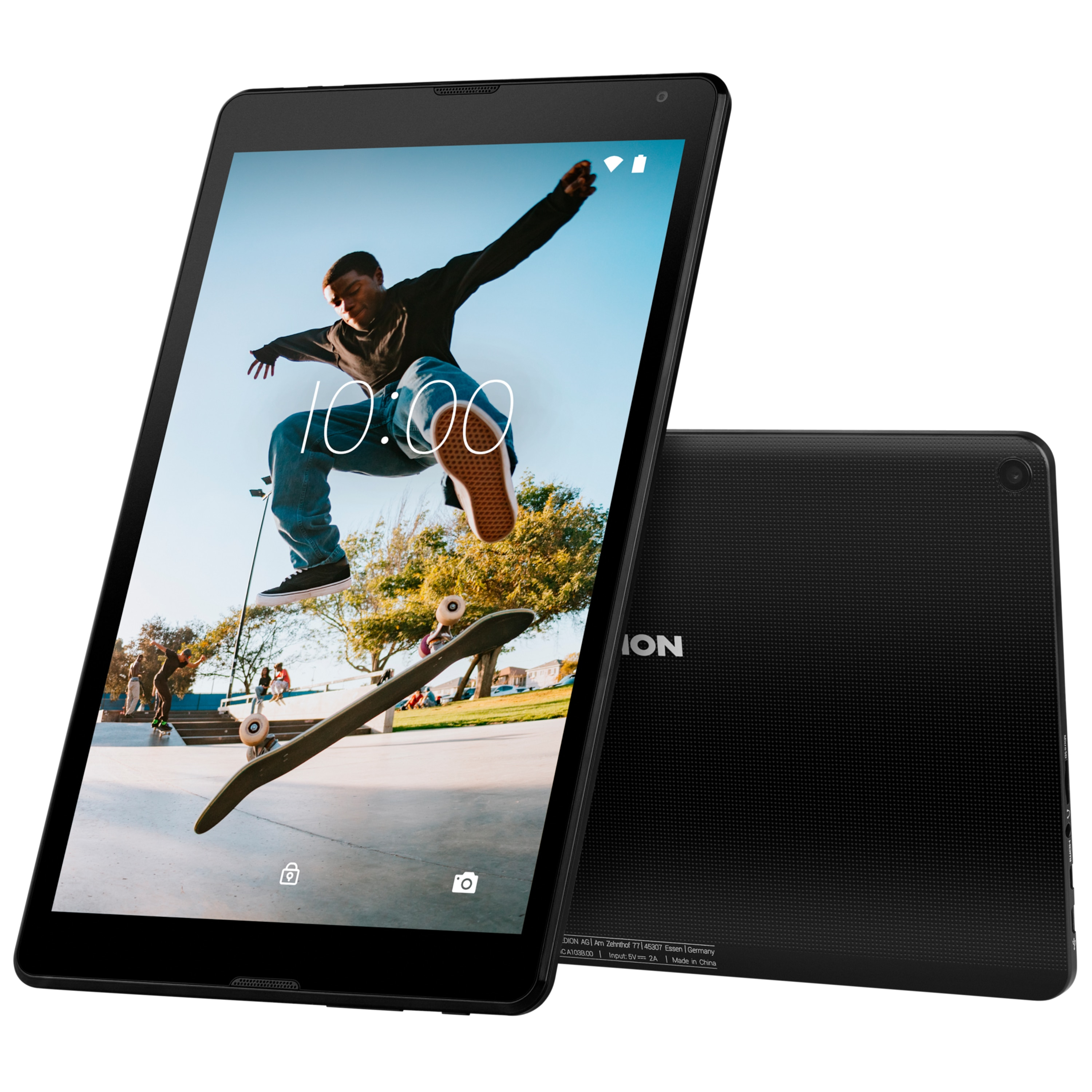 Schwarzes Tablet mit Skateboarder in der Luft. Ein weiteres Tablet dahinter. Schwarzer Hintergrund.