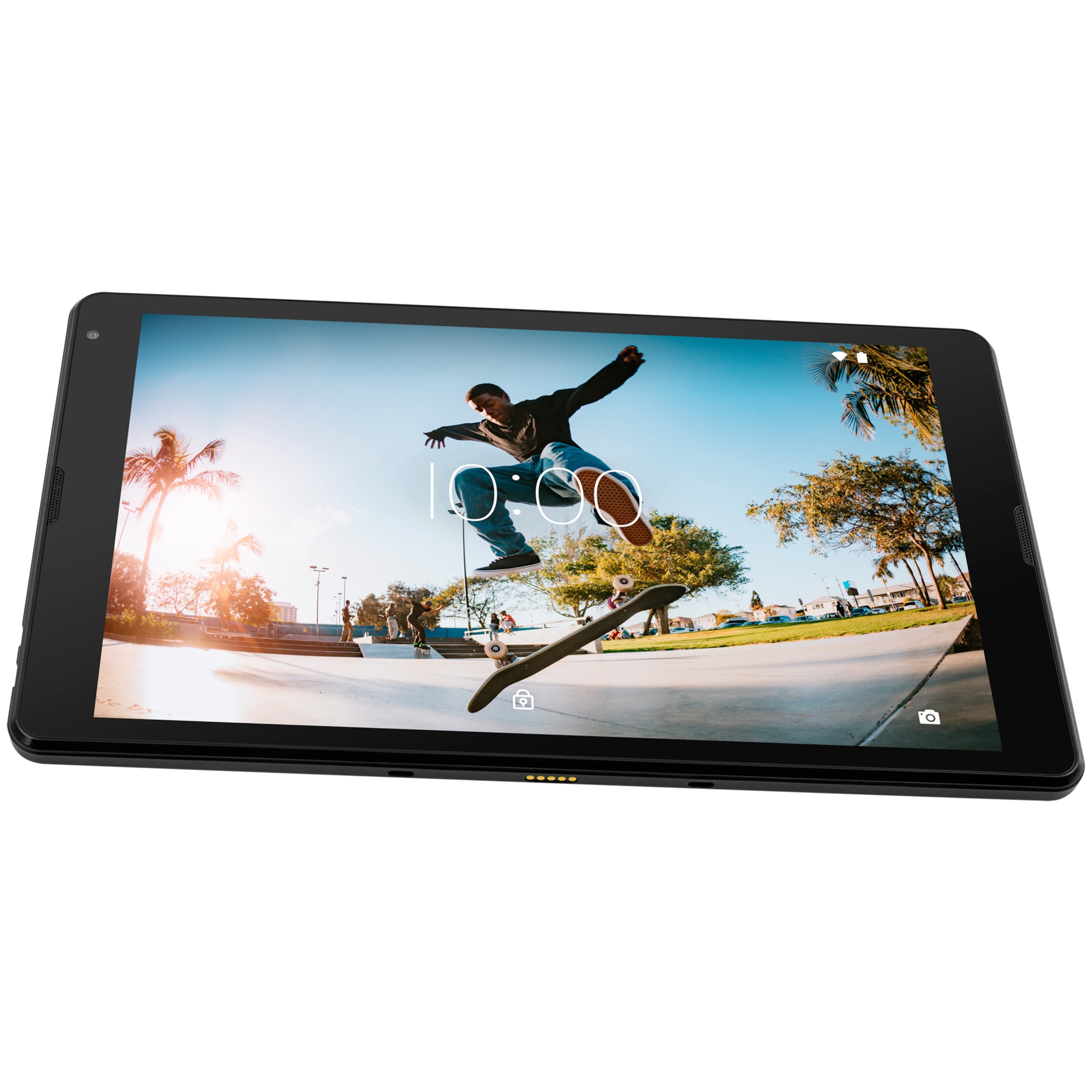 Ein schwarzes Tablet zeigt einen Skateboarder in der Luft mit sonnigem Hintergrund, 10:00 Uhr.