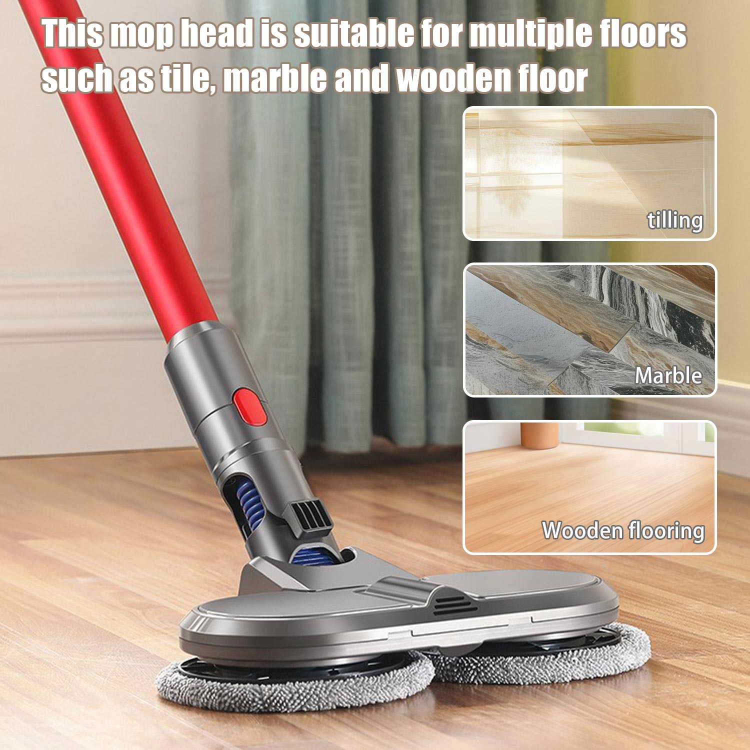 Głowica mopa z czerwonym uchwytem. Odpowiednia do płytek, marmuru i drewnianych podłóg. Trzy rodzaje podłóg w tle.