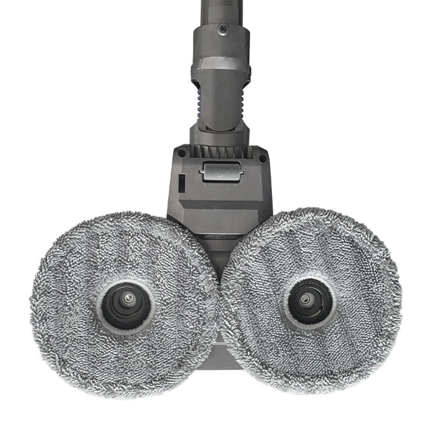 Maszyna do czyszczenia podłóg z dwoma obrotowymi szarymi nakładkami czyszczącymi.