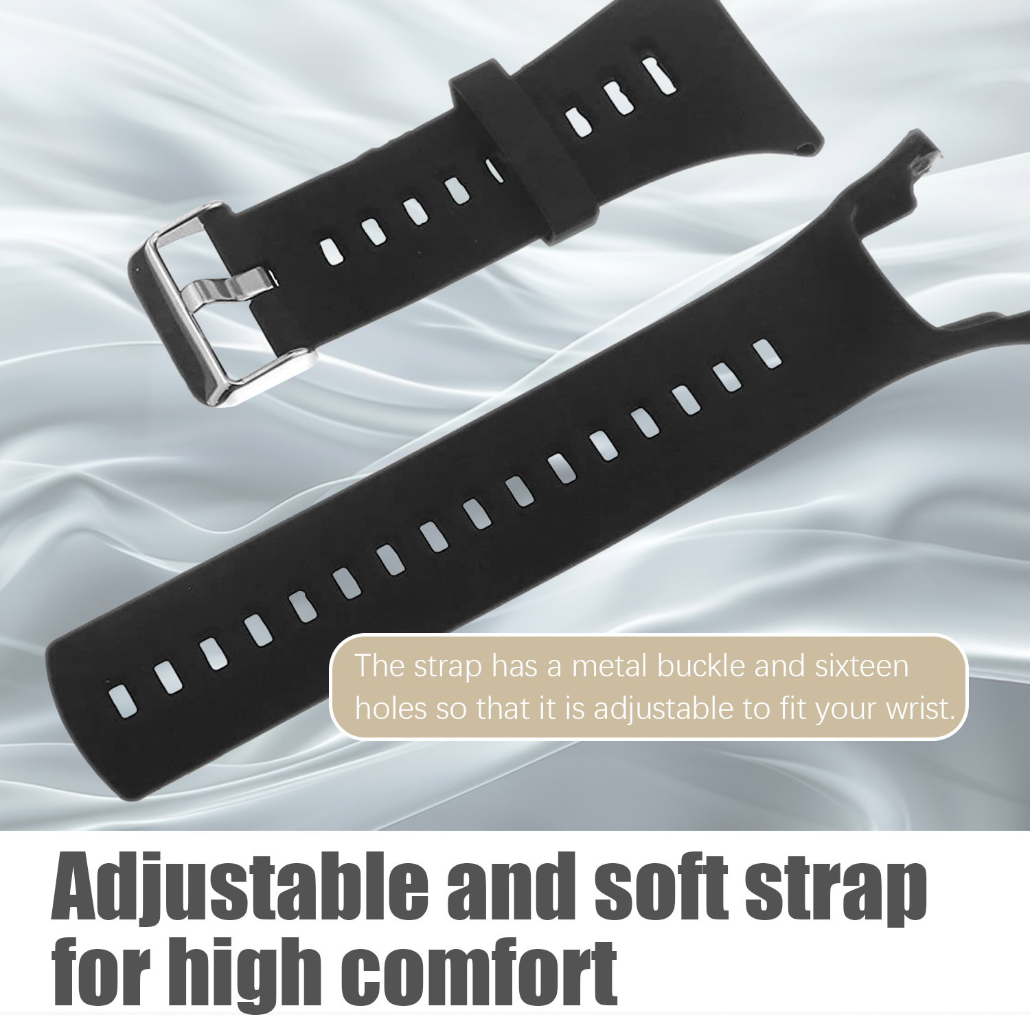 Cinturino nero con fibbia e fori metallici. Testo: Cinturino regolabile e morbido per un elevato comfort.