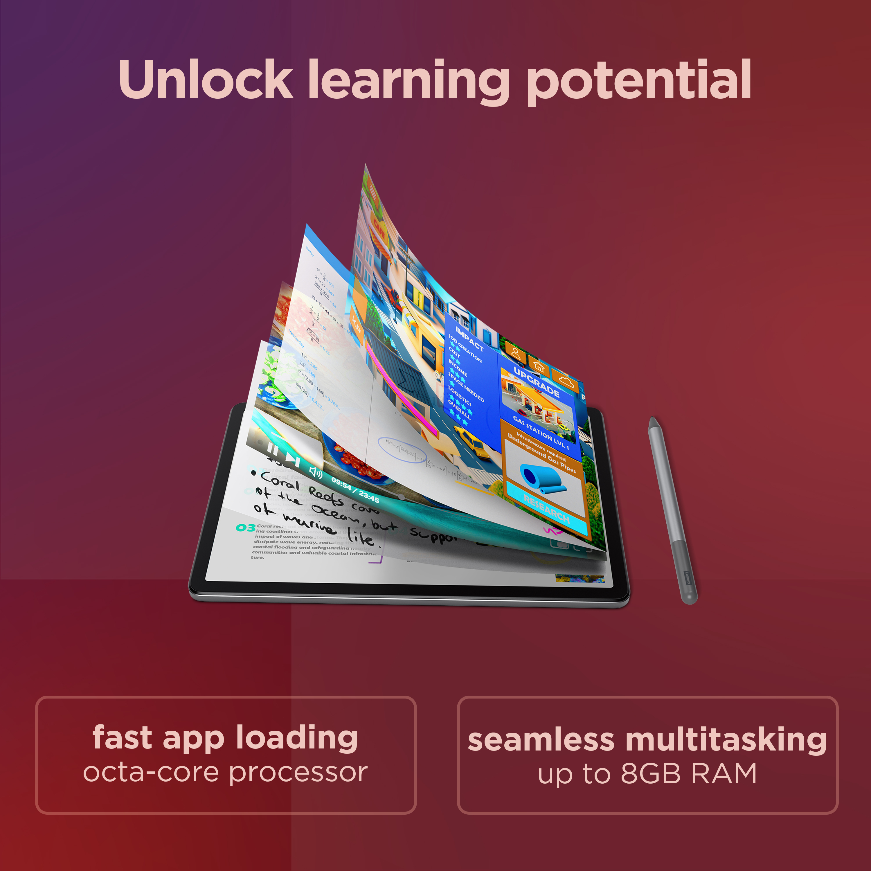 Tablet con app aperte, stilo e testo. Il testo recita: caricamento rapido delle app, multitasking senza interruzioni, sblocca l'apprendimento.