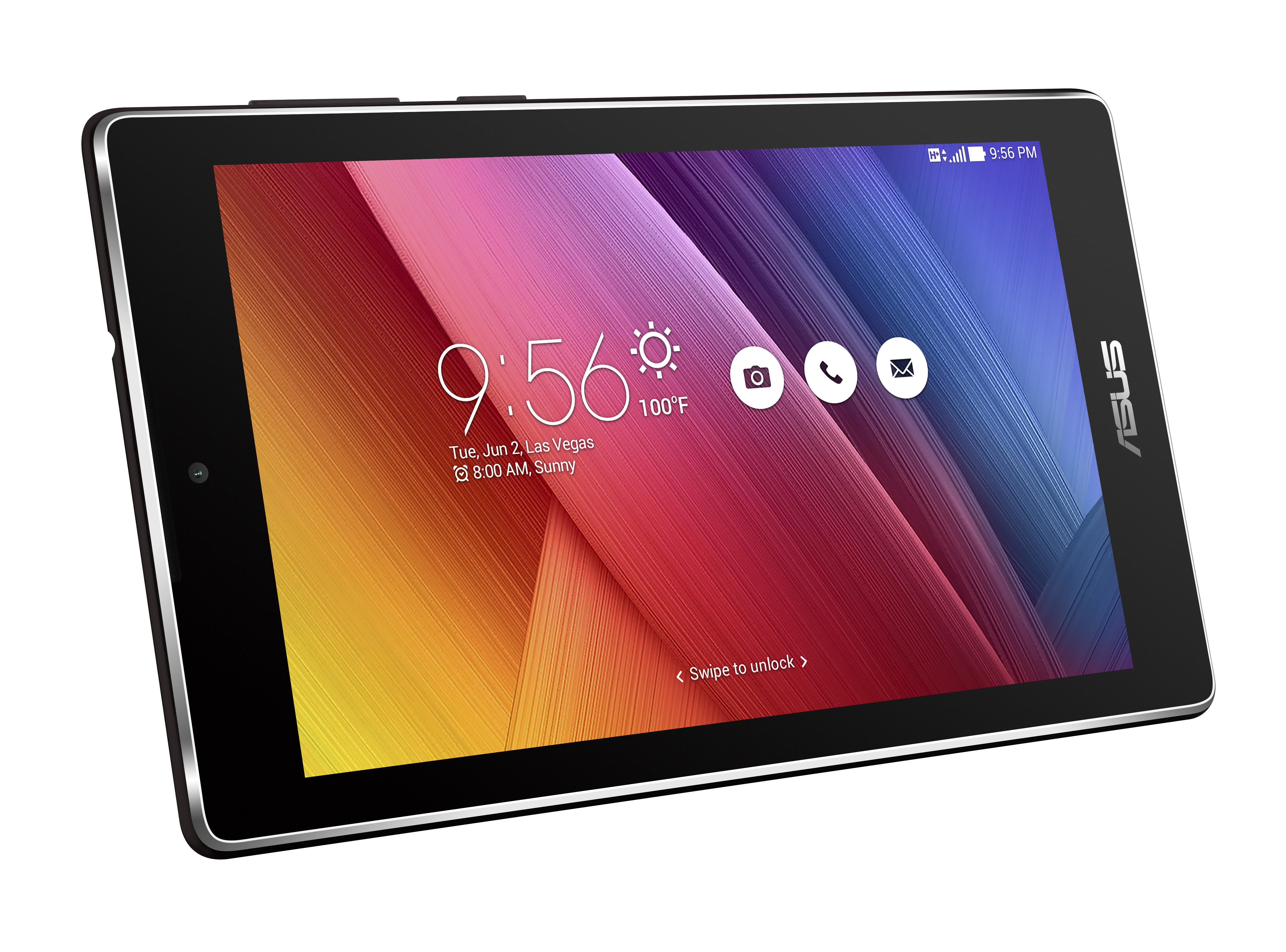 Tablet-Bildschirm mit Uhr, Temperatur und Symbolen. Asus-Logo in der Ecke.