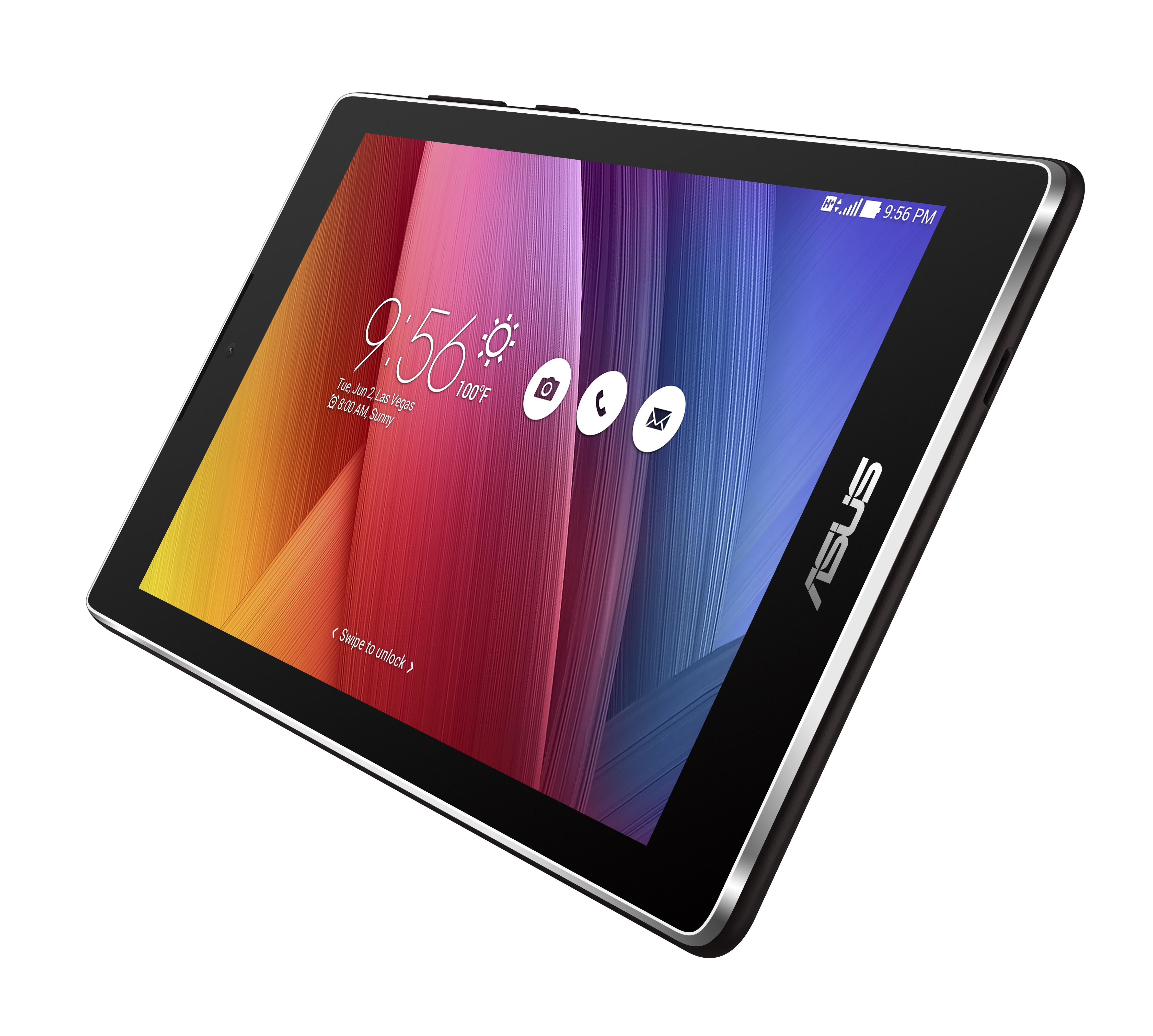 Ein schwarzes und silbernes Tablet. Der Bildschirm zeigt Symbole, Zeit und ein buntes abstraktes Design. Der Hintergrund ist weiß.