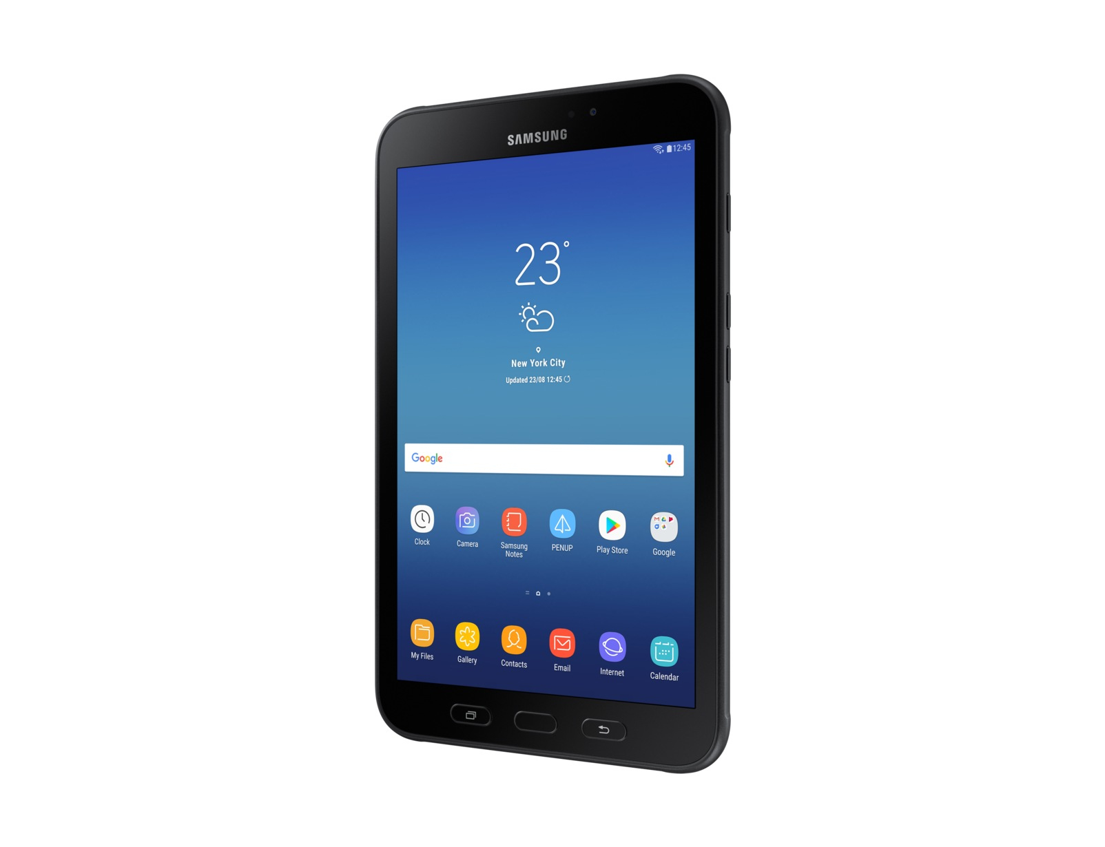 Czarny tablet Samsung z ekranem głównym z ikonami aplikacji i informacjami o pogodzie.