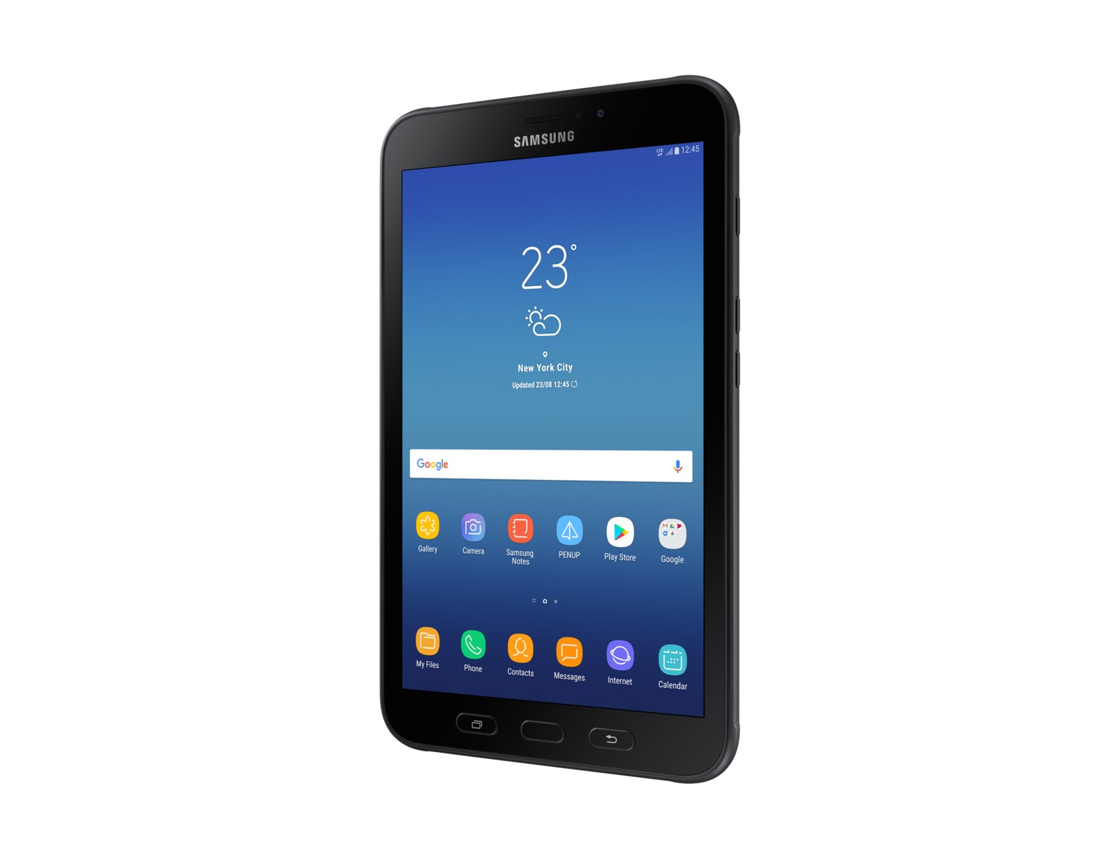 Tablet Samsung nero. Schermo acceso che mostra app. Sfondo bianco.