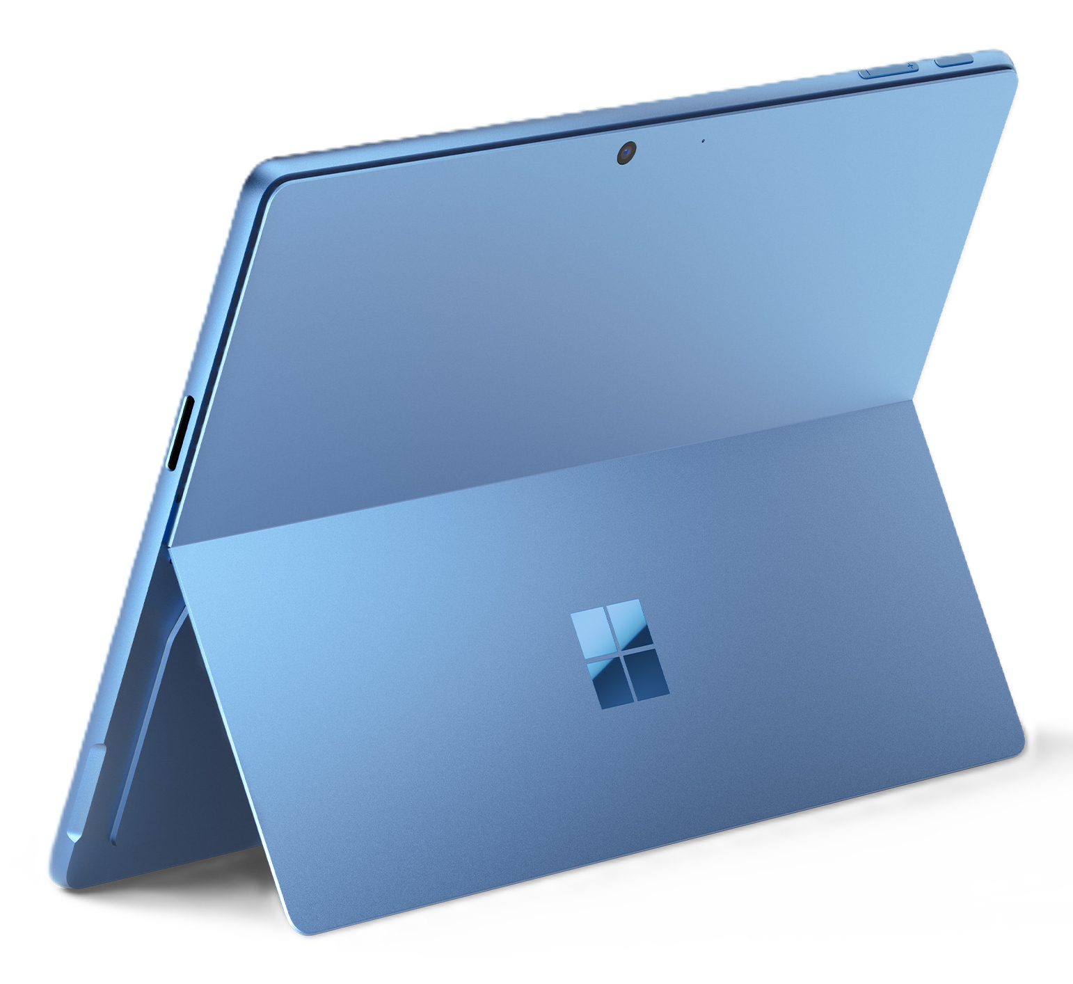 Hellblaues Microsoft Surface Tablet, geöffnet, zeigt das Microsoft-Logo. Abgewinkelte Ansicht.