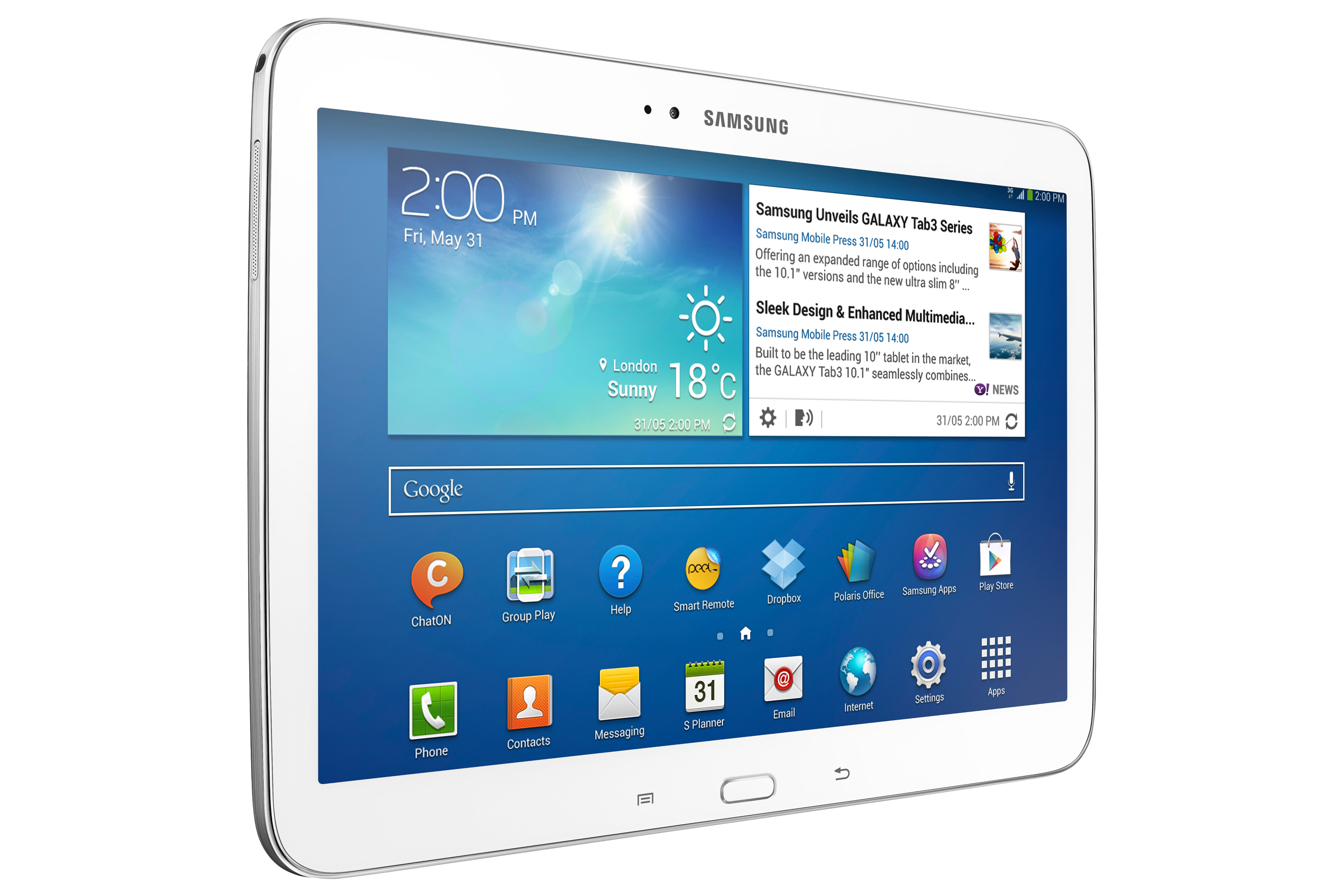 Weißes Samsung-Tablet mit Nachrichten- und Wetterinformationen.