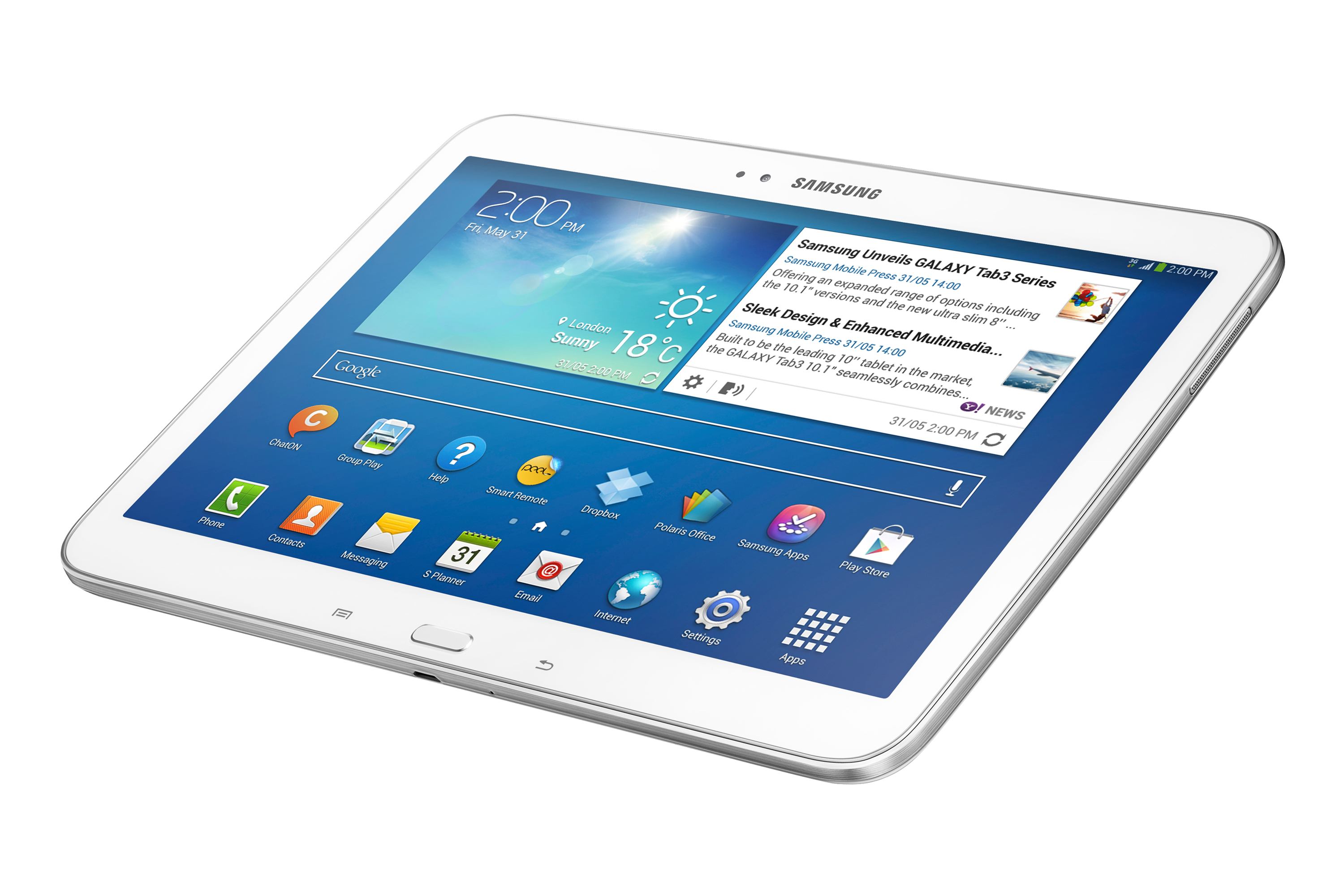 Ein weißes Tablet mit einem Bildschirm, der Zeit und Nachrichten zeigt, mit weißem Hintergrund.