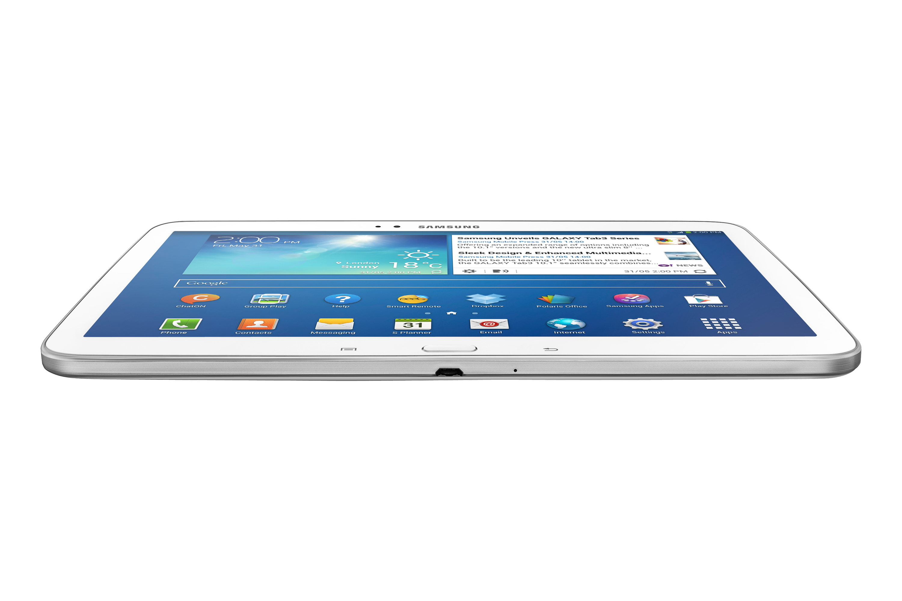 Ein weißes Samsung-Tablet, das seinen Bildschirm anzeigt, mit weißem Hintergrund.