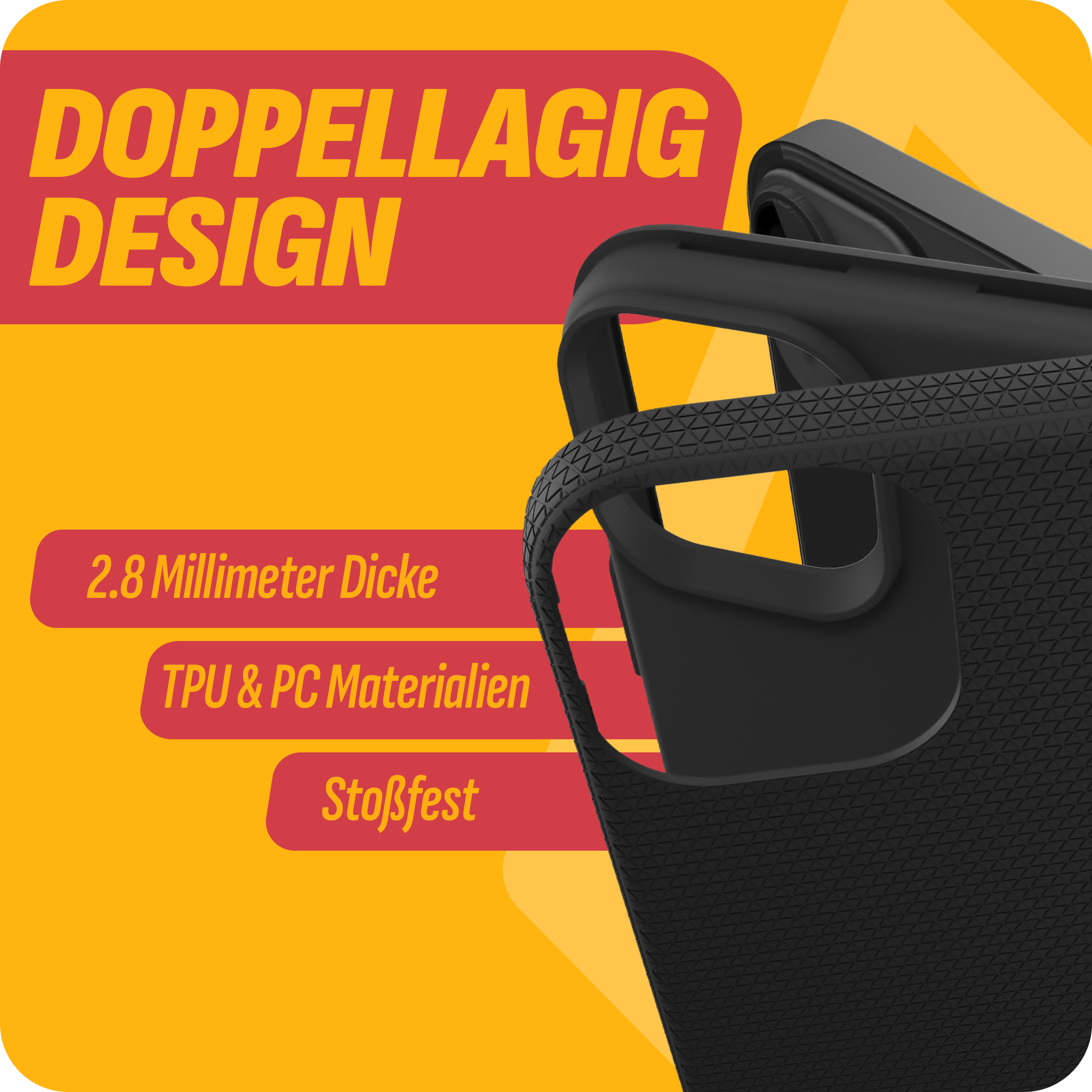 Nahaufnahme einer schwarzen Handyhülle mit rotem und gelbem Text, die ihr Design, ihre Dicke und Materialien hervorhebt.