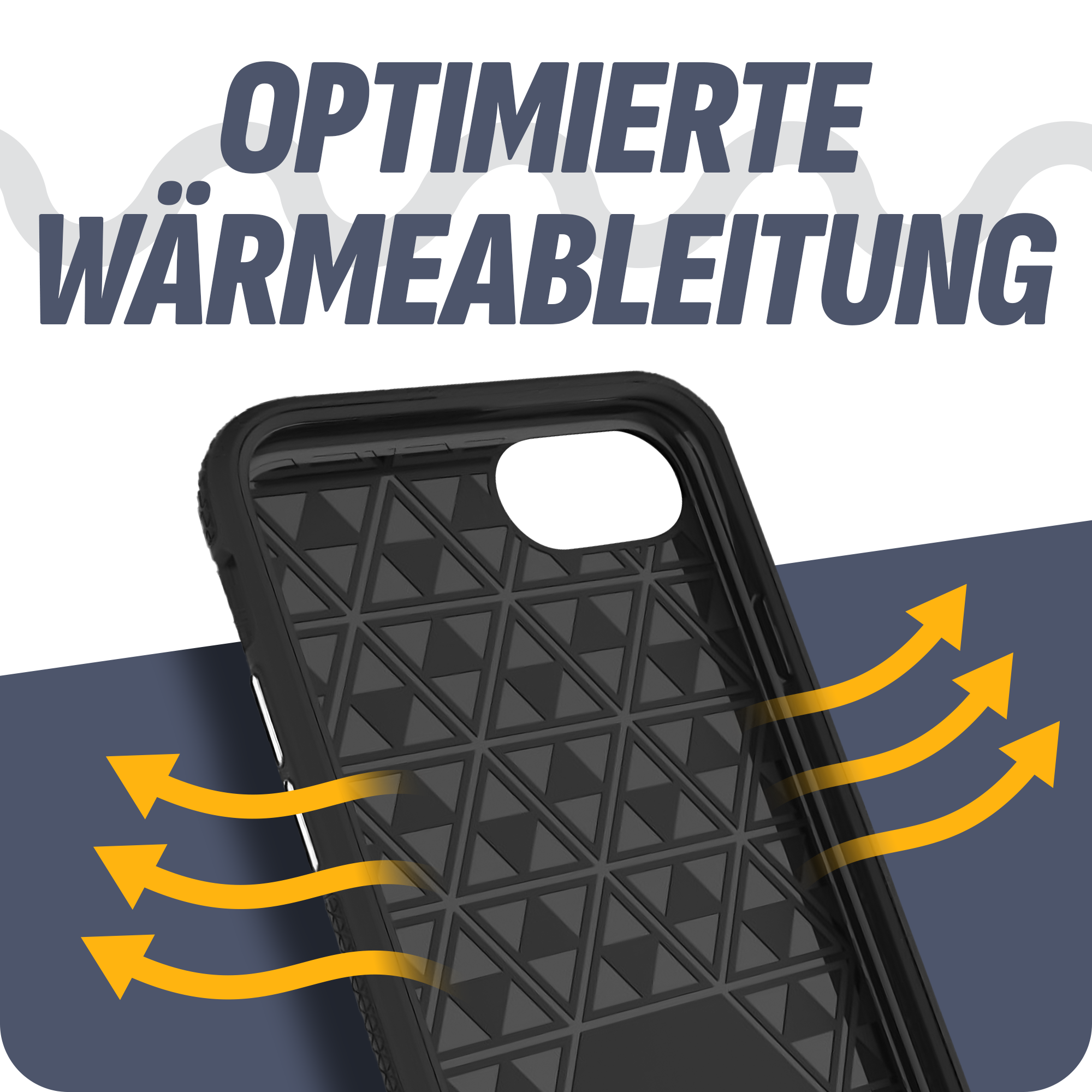 Eine Handyhülle mit dem Text 'OPTIMIERTE WÄRMEABLEITUNG' und Pfeilen, die die Wärmeableitung zeigen.