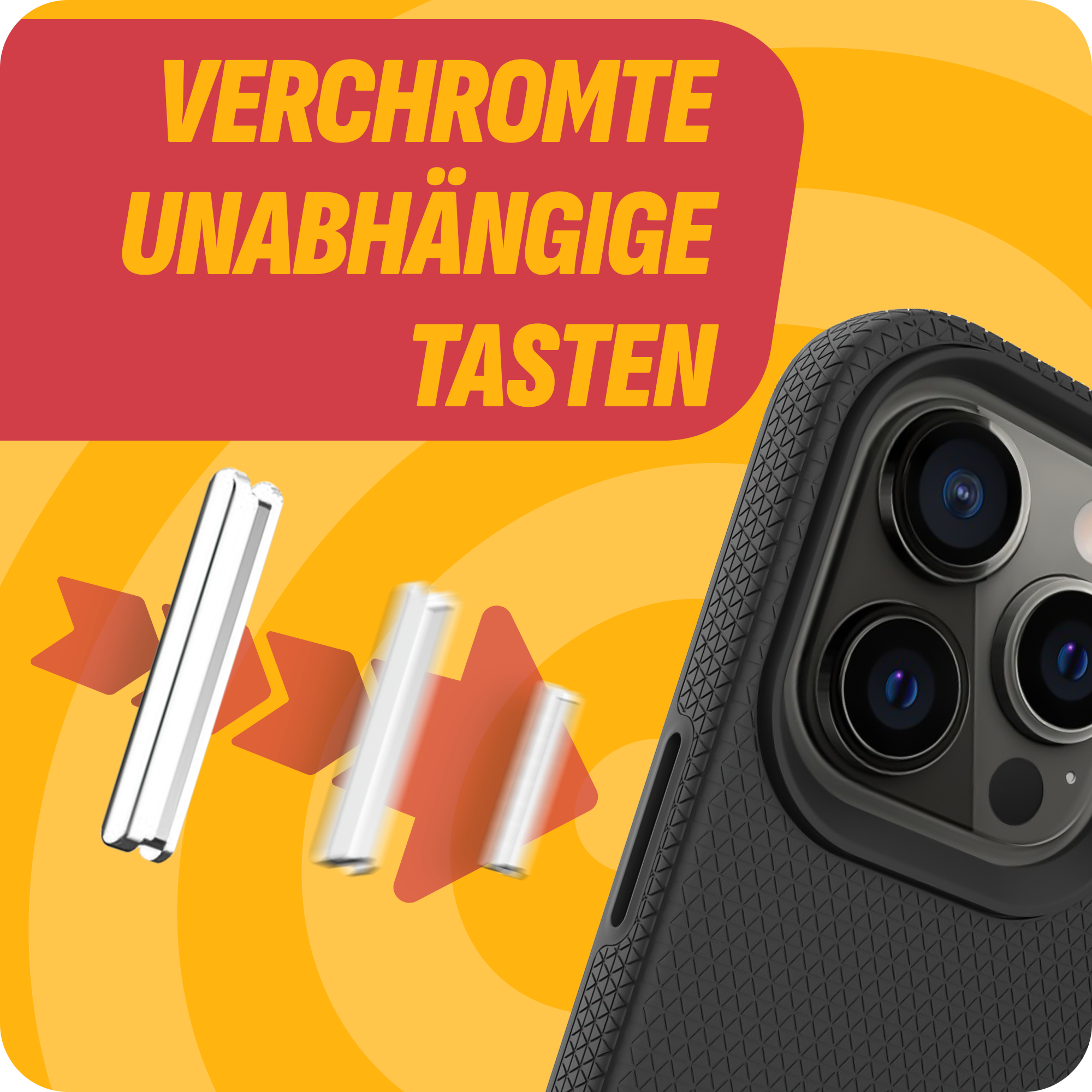 Eine Handyhülle mit abgelösten silbernen Knöpfen. Die Hülle ist schwarz mit einem strukturierten Muster.