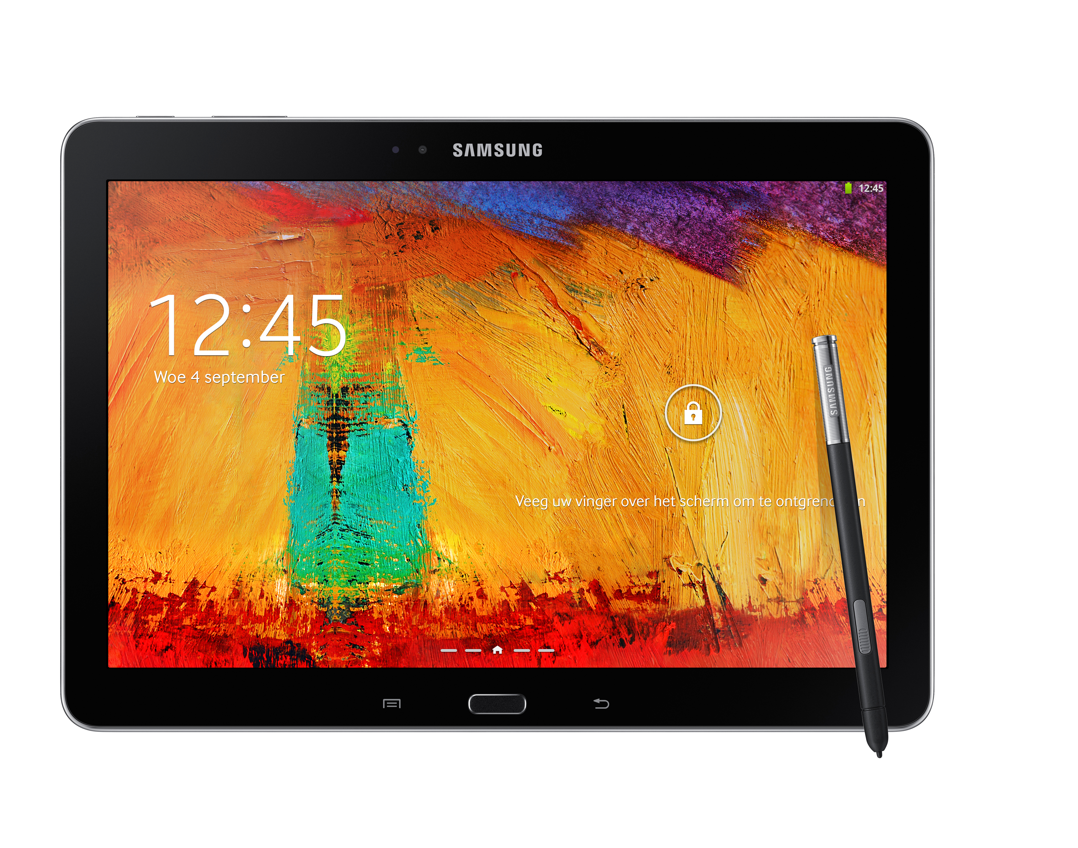 Tablet mit buntem Hintergrund. Ein Stift lehnt sich an. Der Bildschirm zeigt ein Schloss und die Uhrzeit.