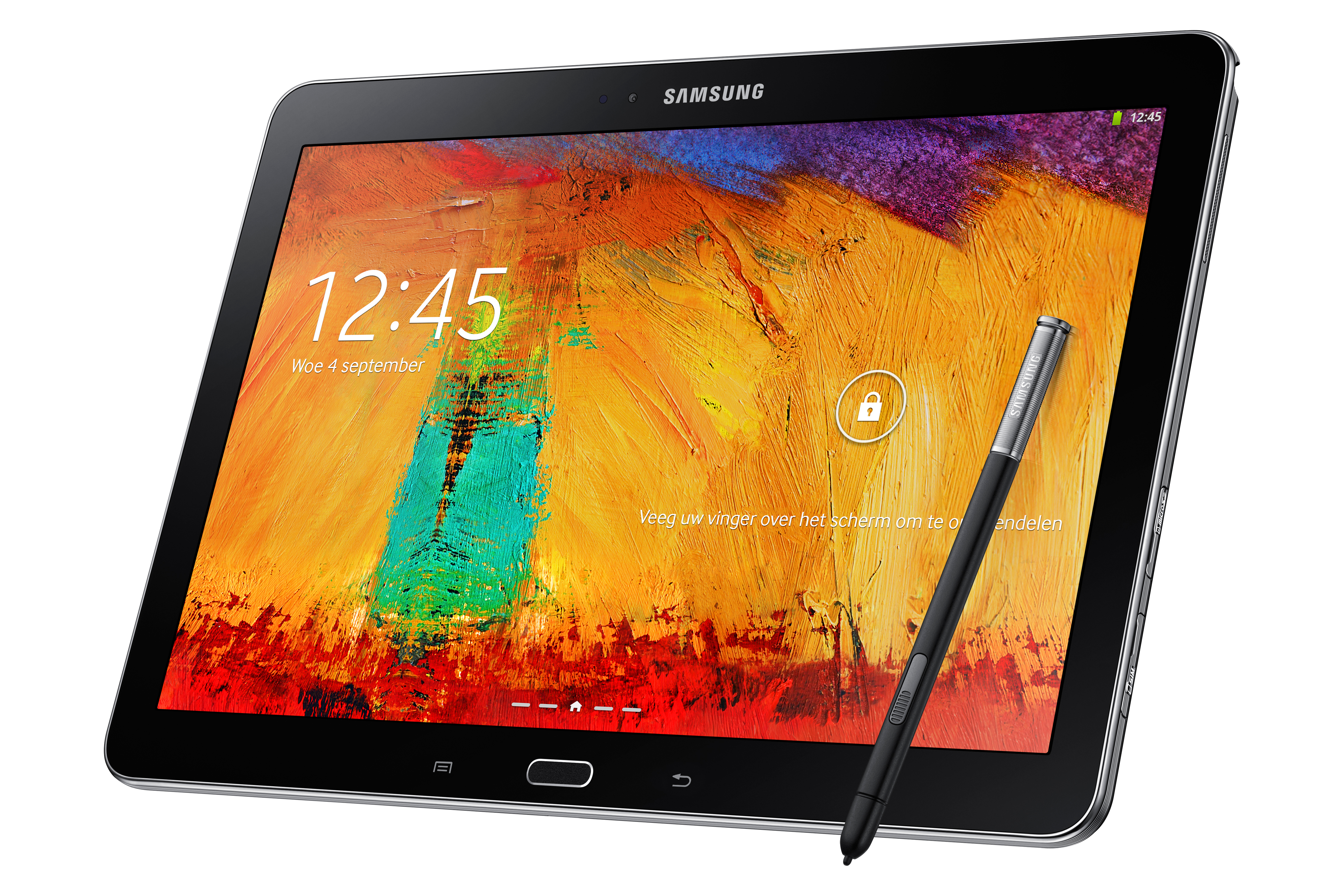 Schwarzes Tablet mit farbenfrohem Bildschirm und Stift.