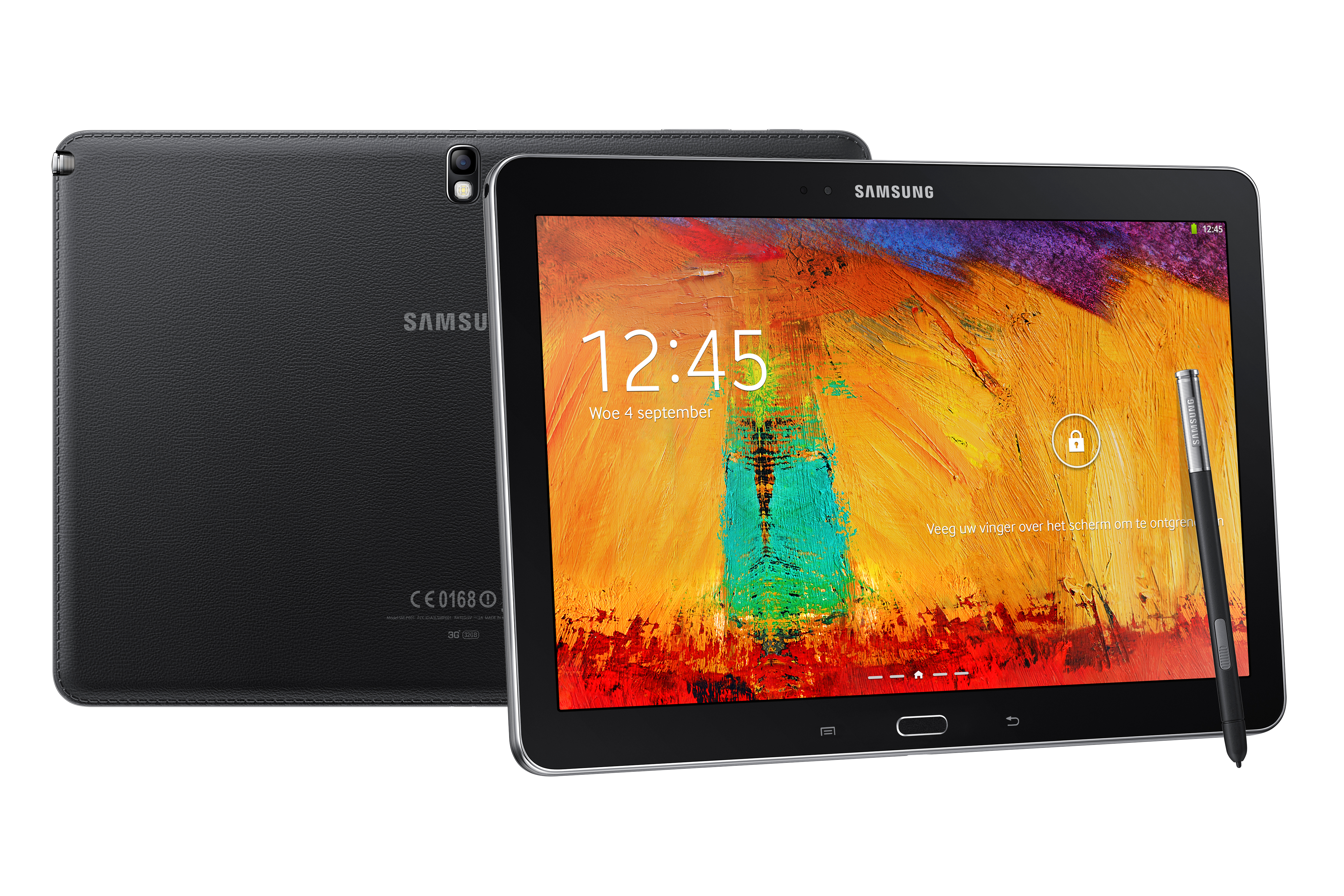 Schwarzes Samsung-Tablet mit schwarzer Rückseite und Stift. Der Bildschirm zeigt ein abstraktes Gemälde.