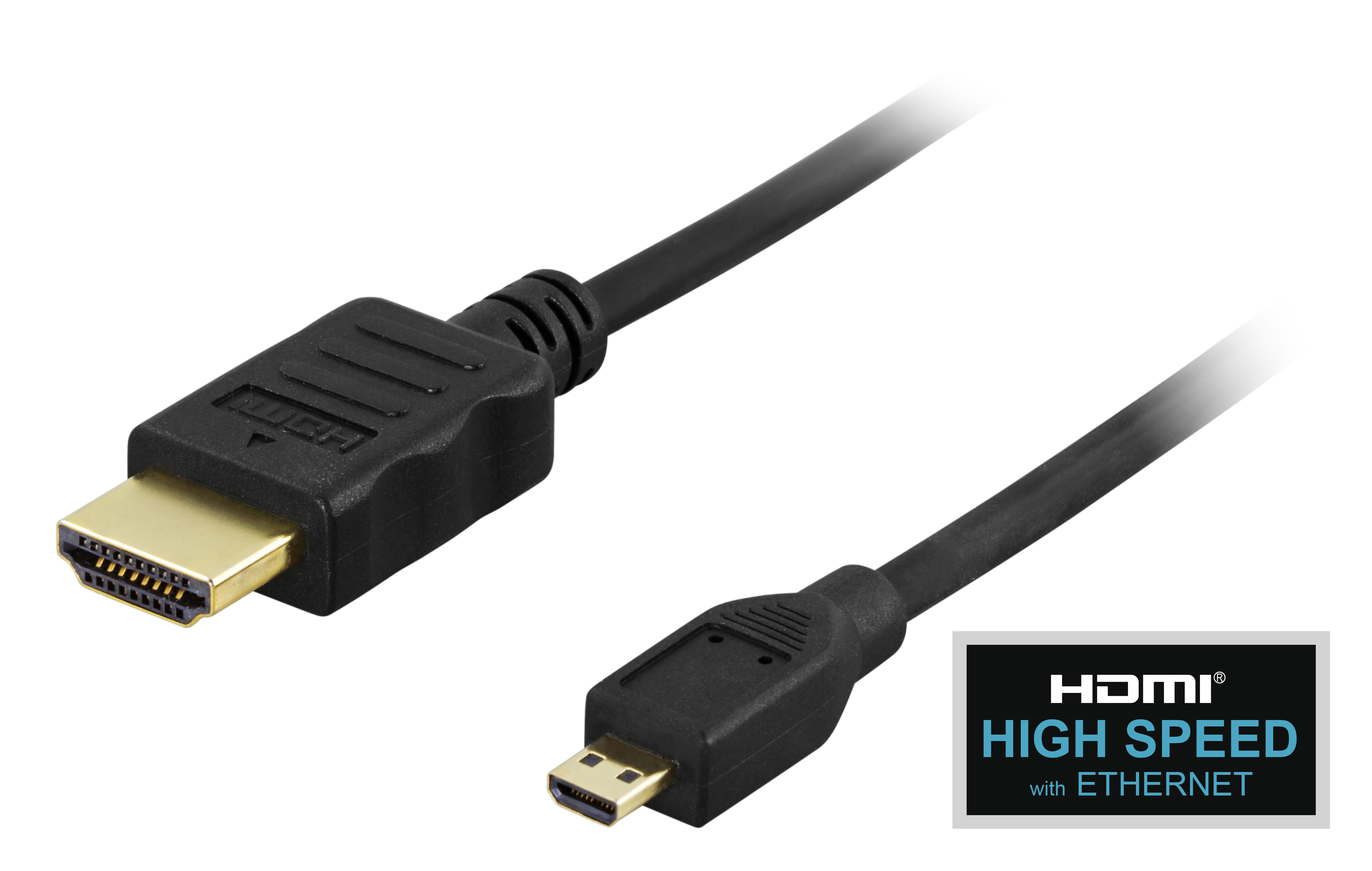 Zwarte HDMI-kabel met een standaard en een mini-connector, met een tekstlabel. Witte achtergrond.