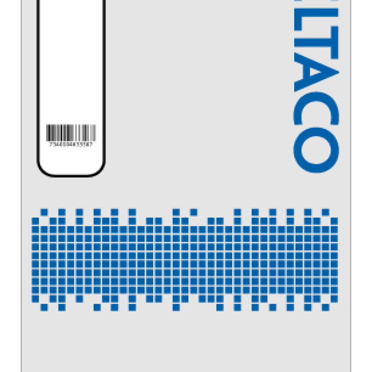 Un'etichetta blu e bianca con un codice a barre e la parola "LTACO" in blu su sfondo bianco.