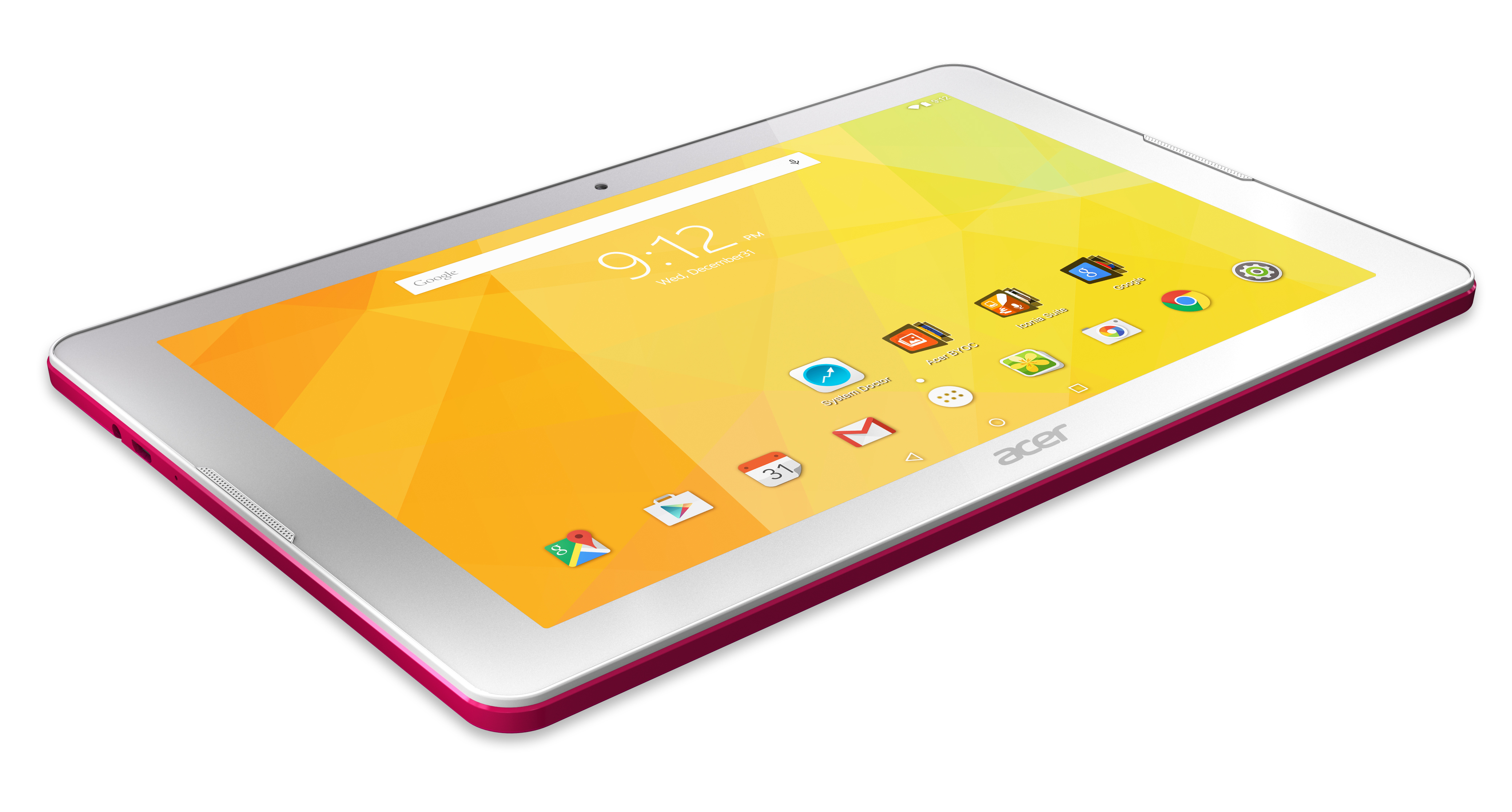 Ein Tablet mit pinkfarbenem Rand und einem gelb-orangenen Farbverlauf.