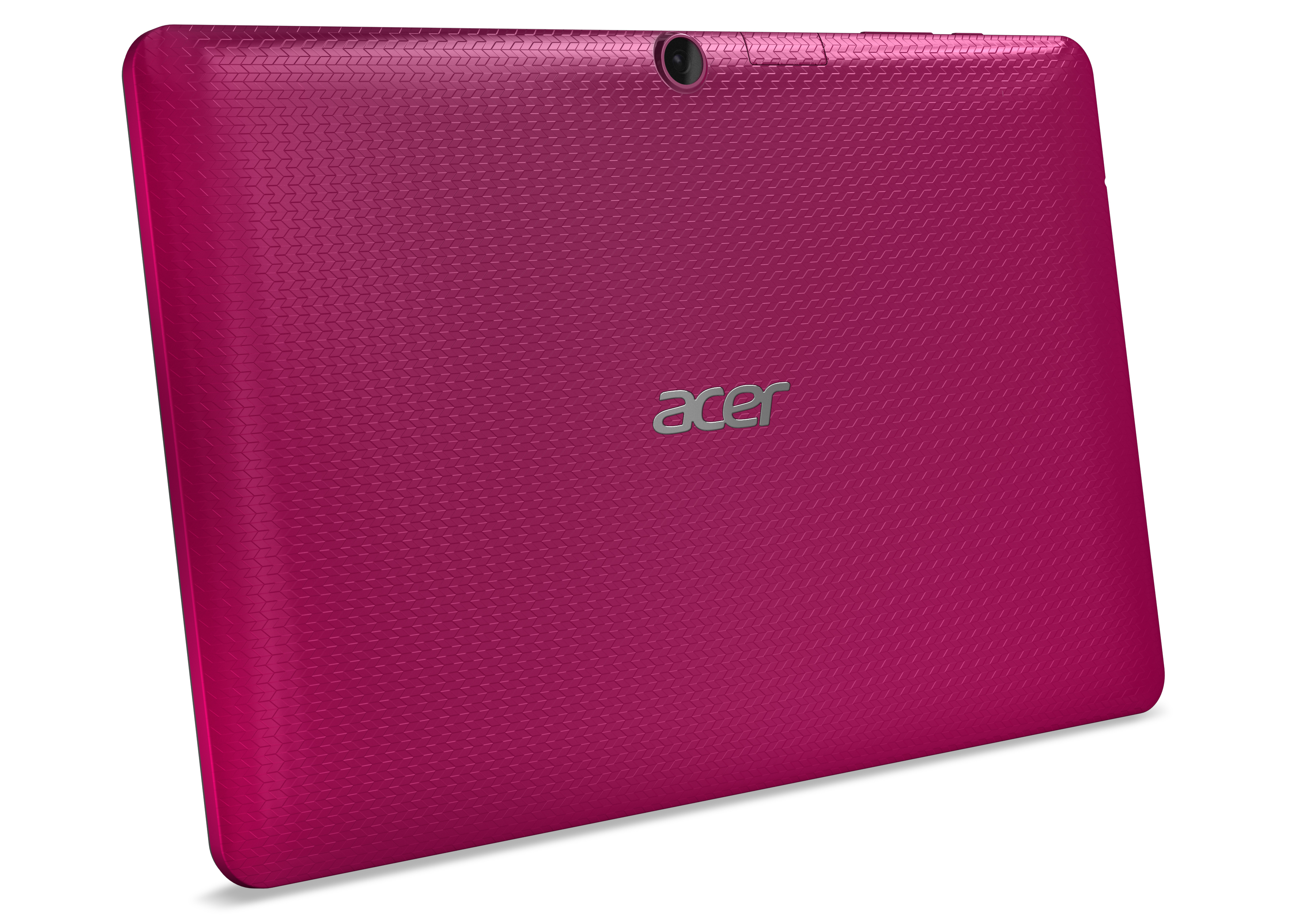 Ein pinkfarbenes Tablet mit strukturierter Rückseite. Das Acer-Logo ist vorhanden.