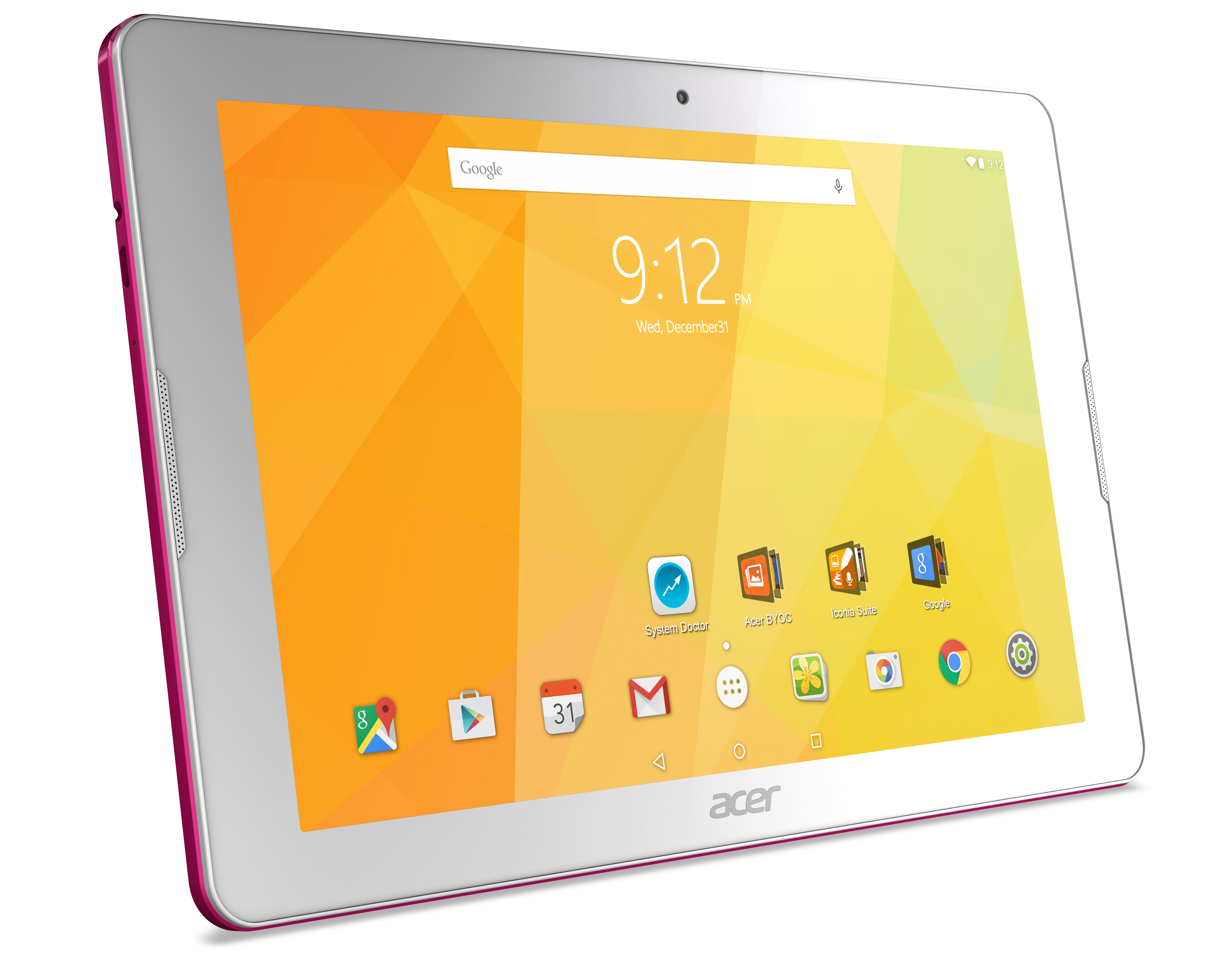 Weißes und rosa Acer-Tablet mit orangefarbenem Bildschirm. Die Uhrzeit ist 9:12, 31. Dez. Acer-Logo unten.