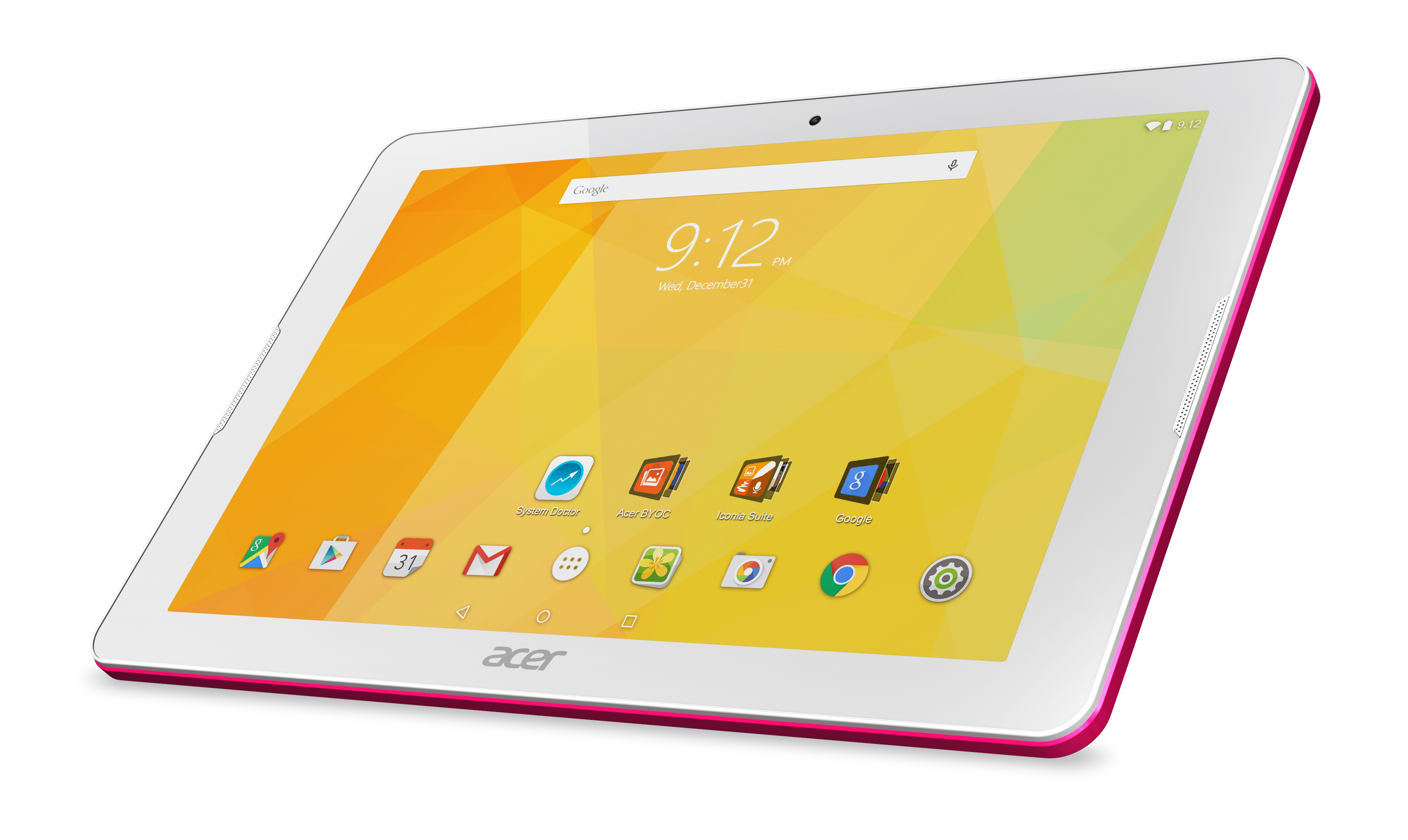 Ein weißes Tablet mit pinkfarbenem Rahmen, das eine farbenfrohe Oberfläche zeigt.