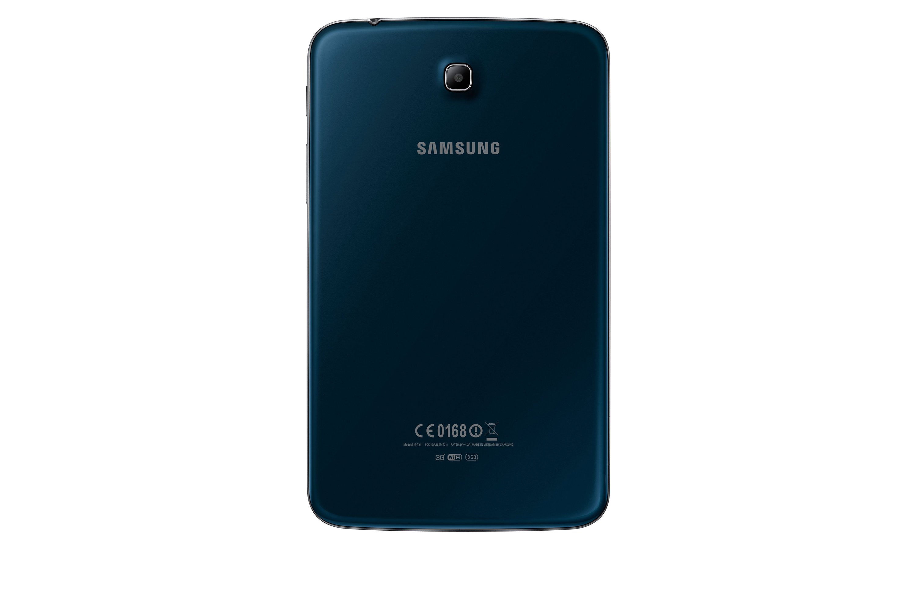 Tył ciemnoniebieskiego tabletu z logo SAMSUNG. Widoczny jest również aparat i inne szczegóły produktu.