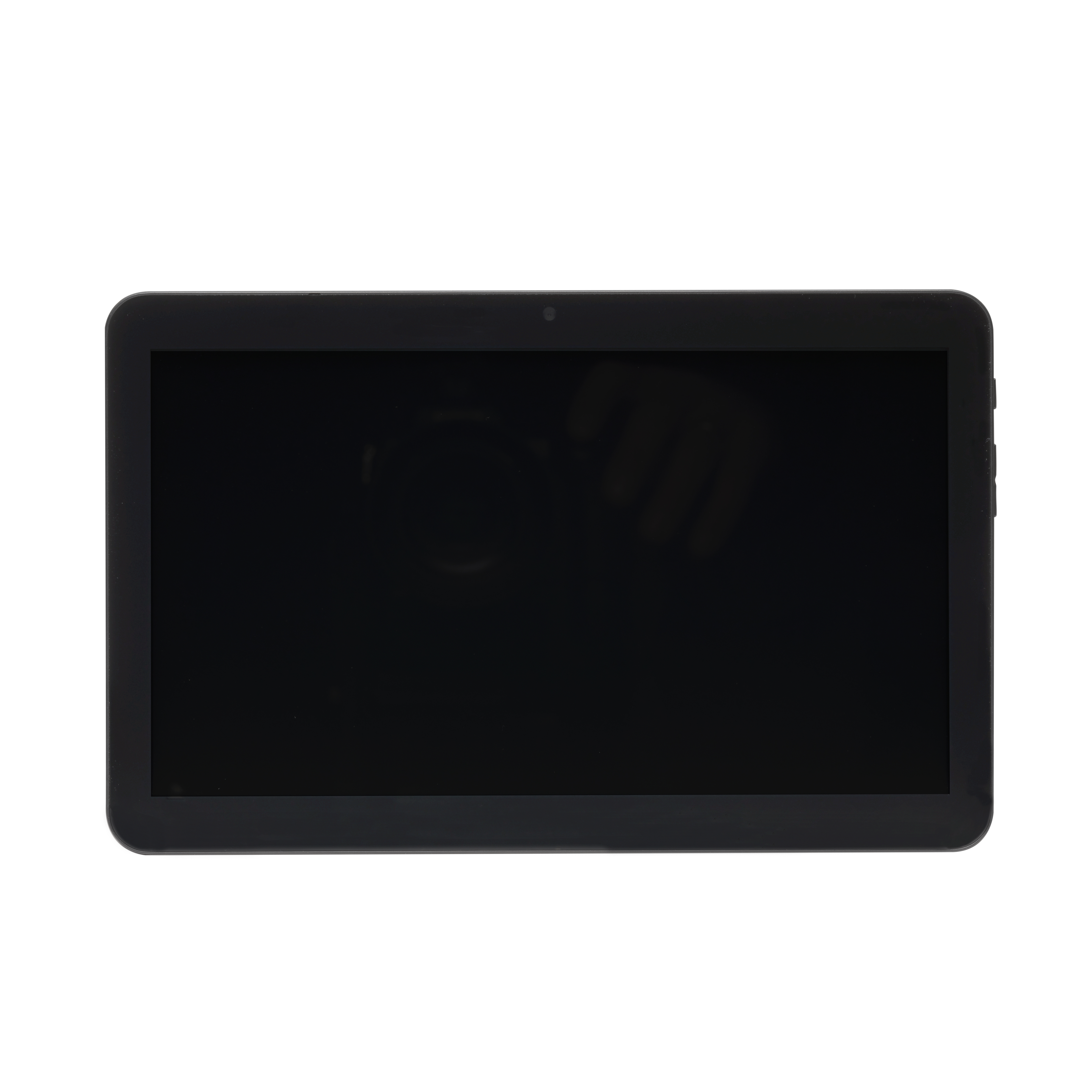 Ein schwarzes Tablet mit leerem Bildschirm. Der Bildschirm ist ausgeschaltet.