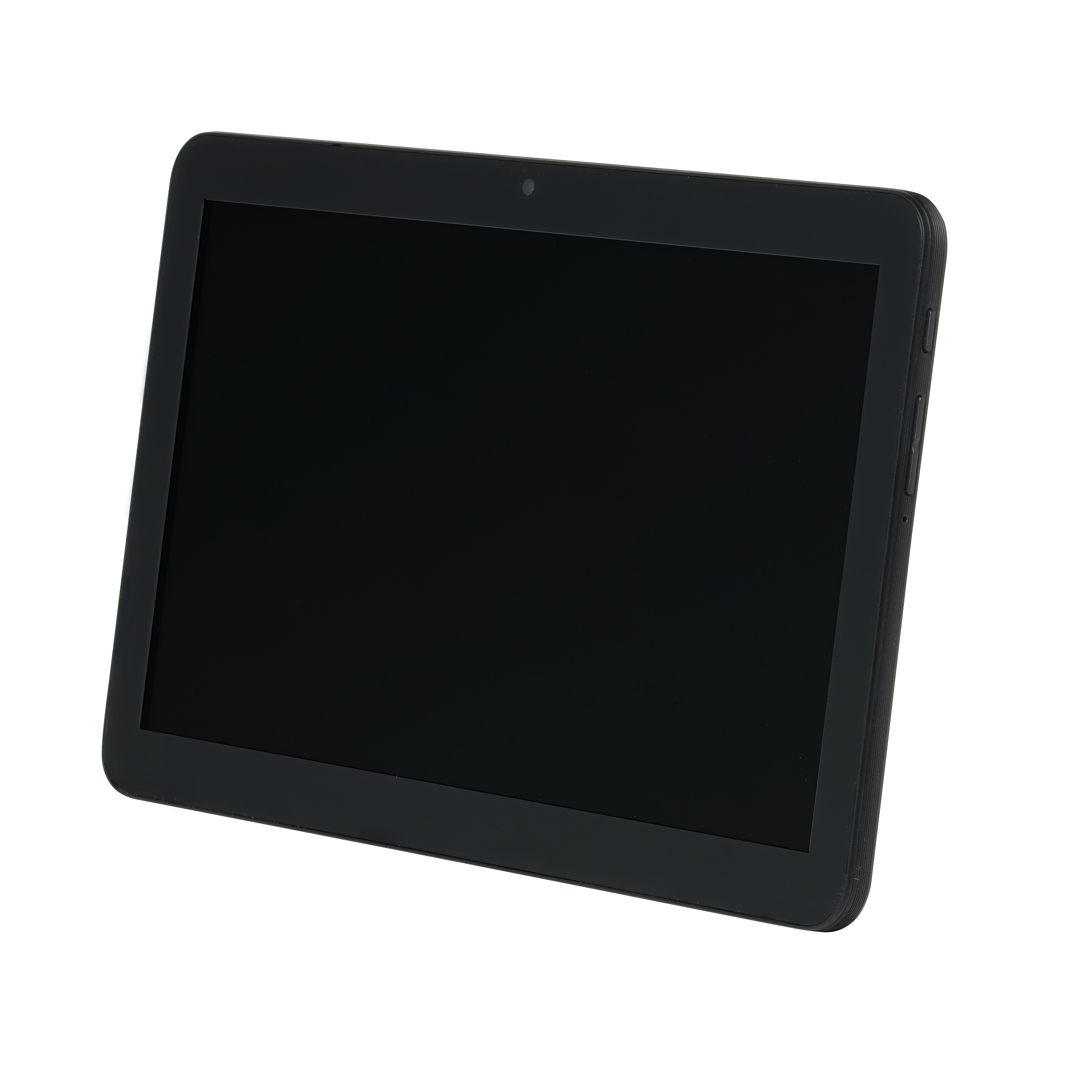 Ein schwarzes Tablet mit leerem Bildschirm, leicht angewinkelt, zeigt die Frontkamera und Seitentasten.