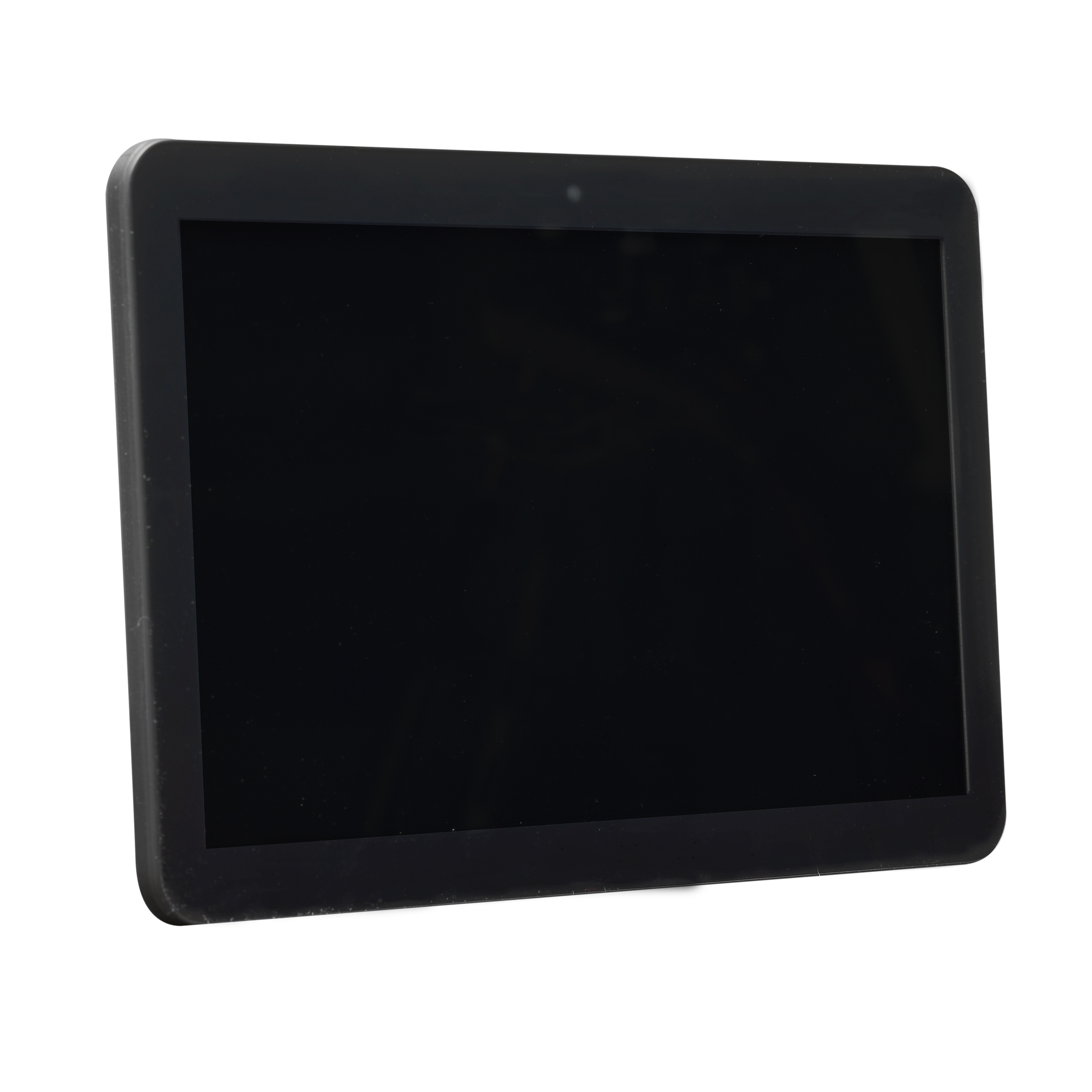 Schwarzes Tablet zur Seite abgewinkelt, mit leerem schwarzem Bildschirm. Das Tablet hat einen schwarzen Rahmen.