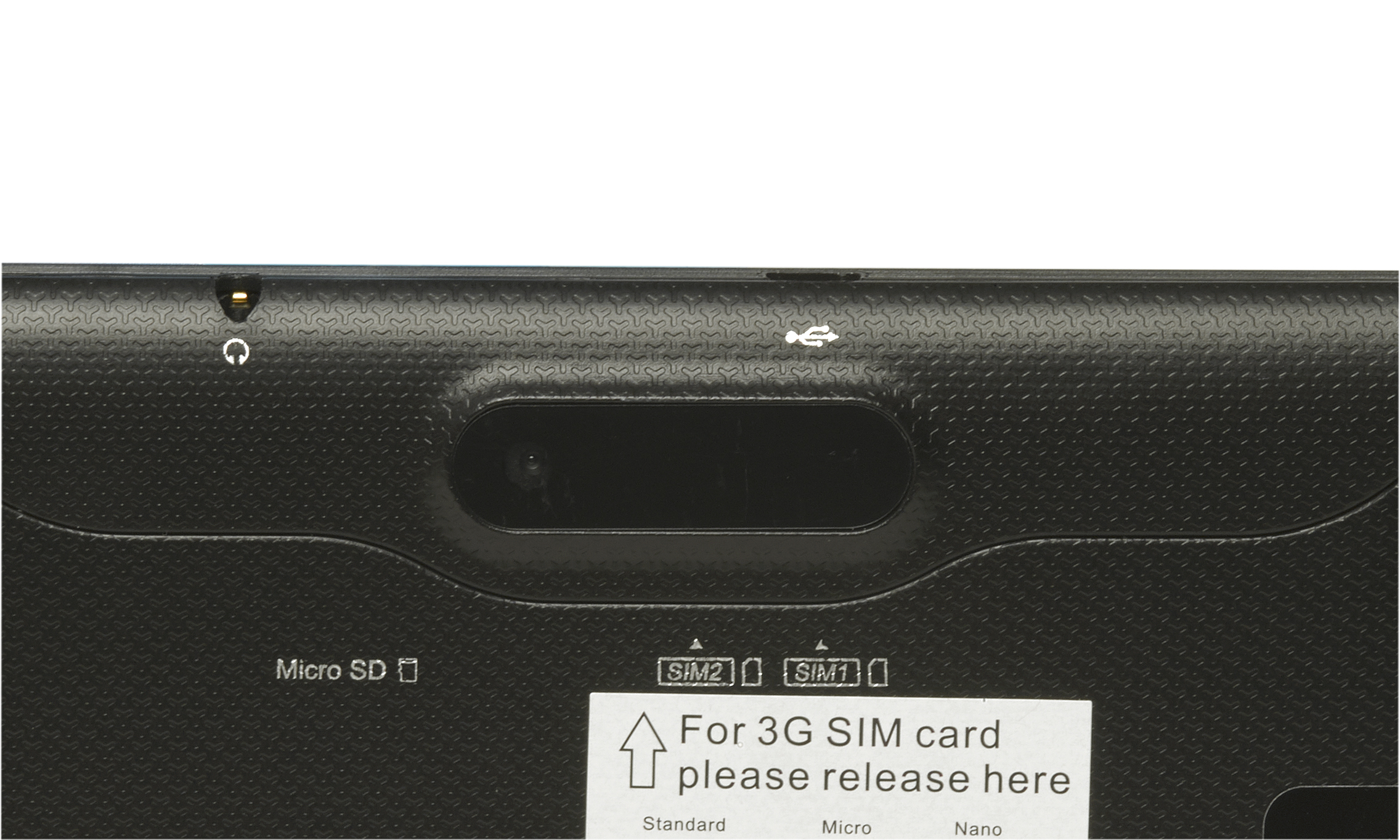 Nahaufnahme des unteren Teils eines Tablets. Es zeigt Anschlüsse für Kopfhörer, eine Micro-SD-Karte und eine 3G-SIM-Karte.
