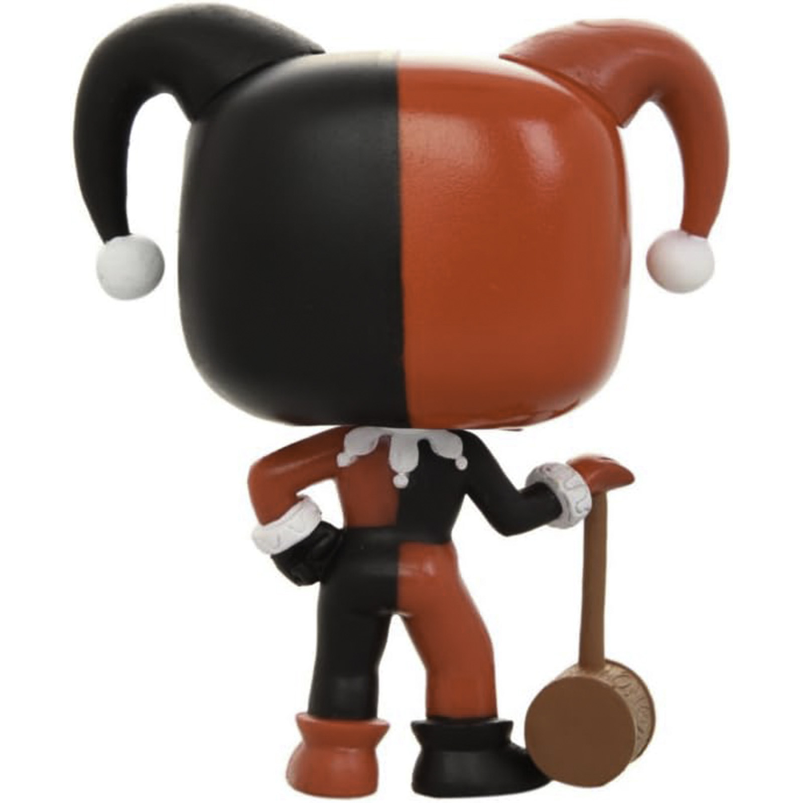 Figura di Harley Quinn, nera e rossa, che tiene una mazza. Punti bianchi sul cappello.