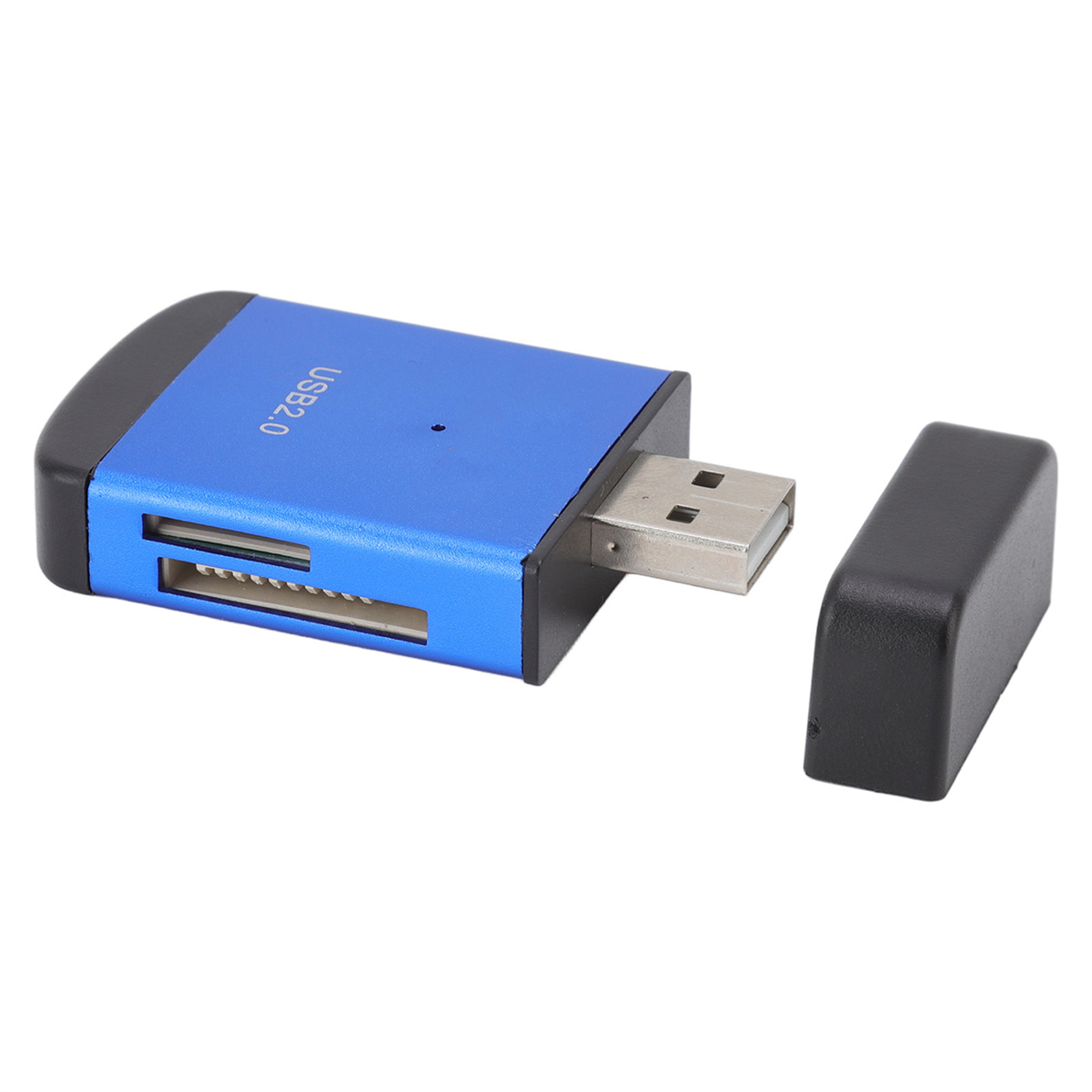 Ein blauer USB 2.0 Kartenleser mit schwarzer, offener Abdeckung.