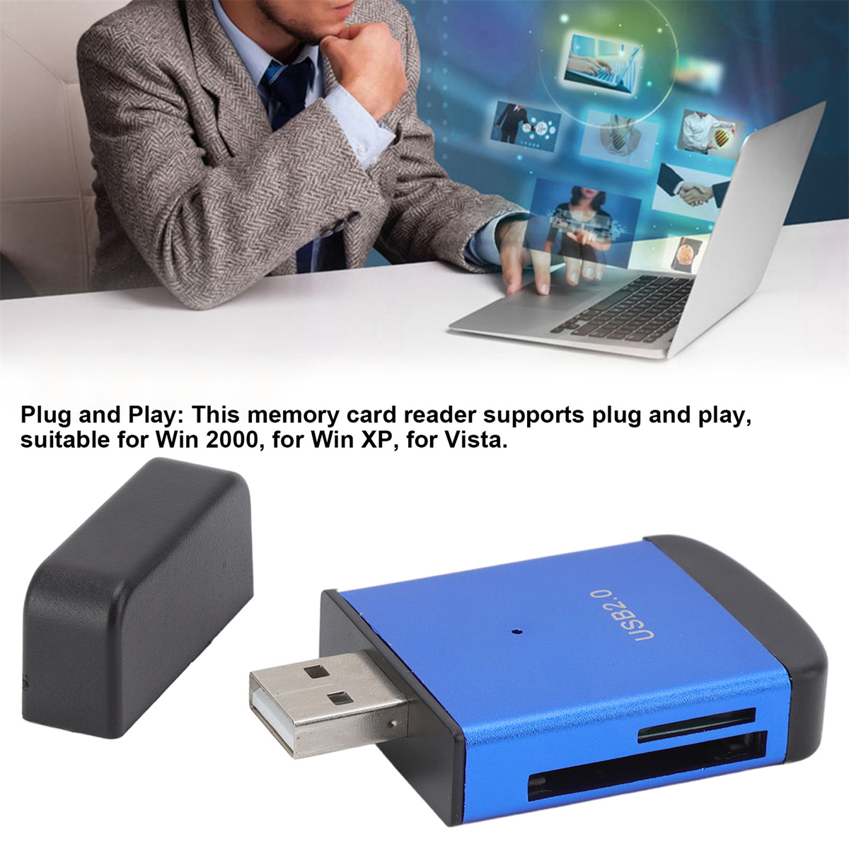 Mann arbeitet an einem Laptop. Unten befindet sich ein USB-Leser und eine schwarze Kappe.