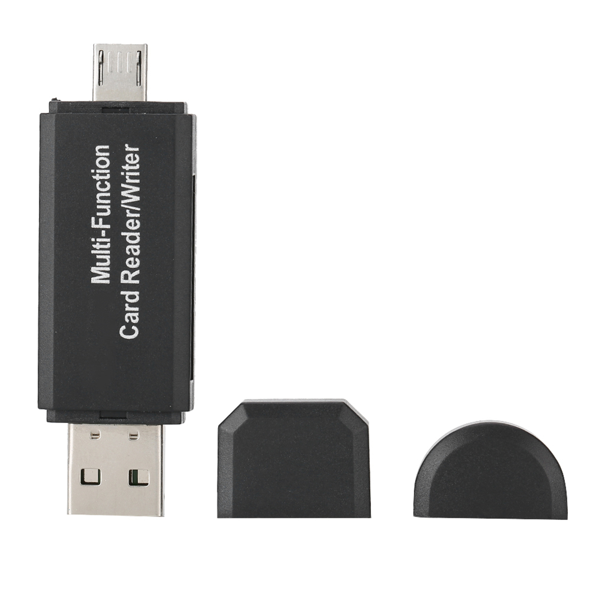 Schwarzer Kartenleser mit USB- und Micro-USB-Anschlüssen, zwei schwarzen Schutzkappen.