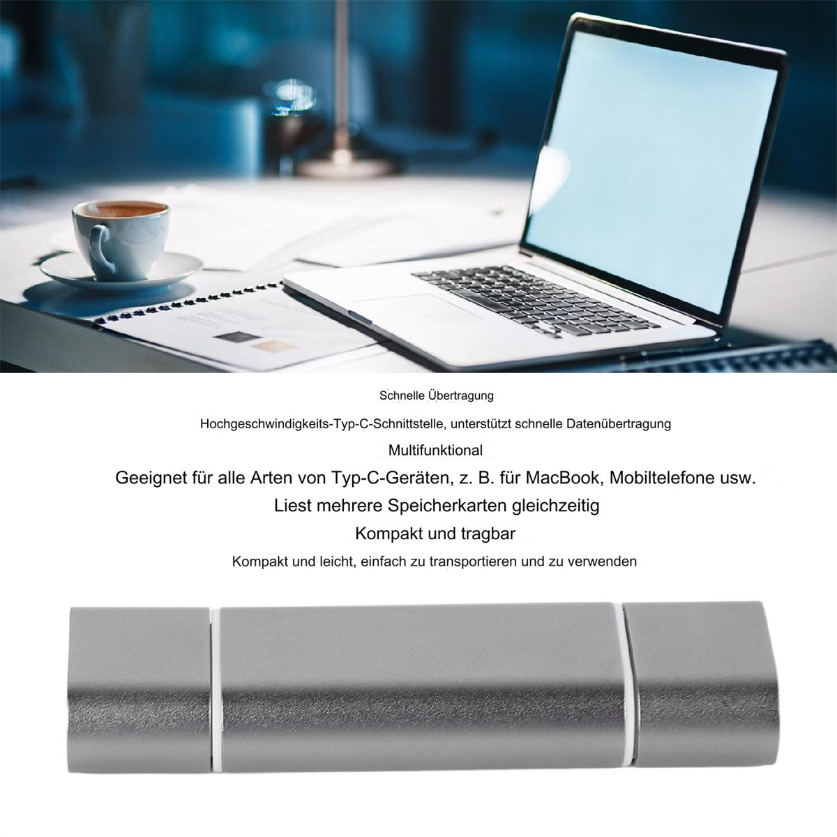 Ein silberner USB-C-Stick, der vor einem Laptop, Notizblock und einer Kaffeetasse liegt.