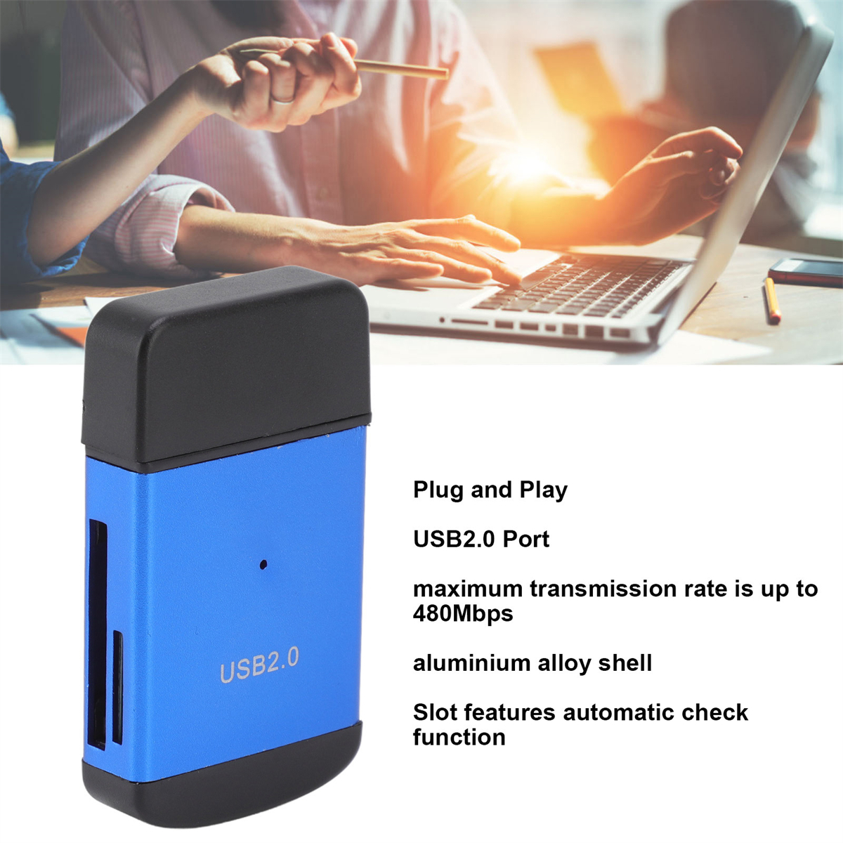 Blaues USB 2.0-Gerät mit Text, neben Laptop und Person, weißer Hintergrund.